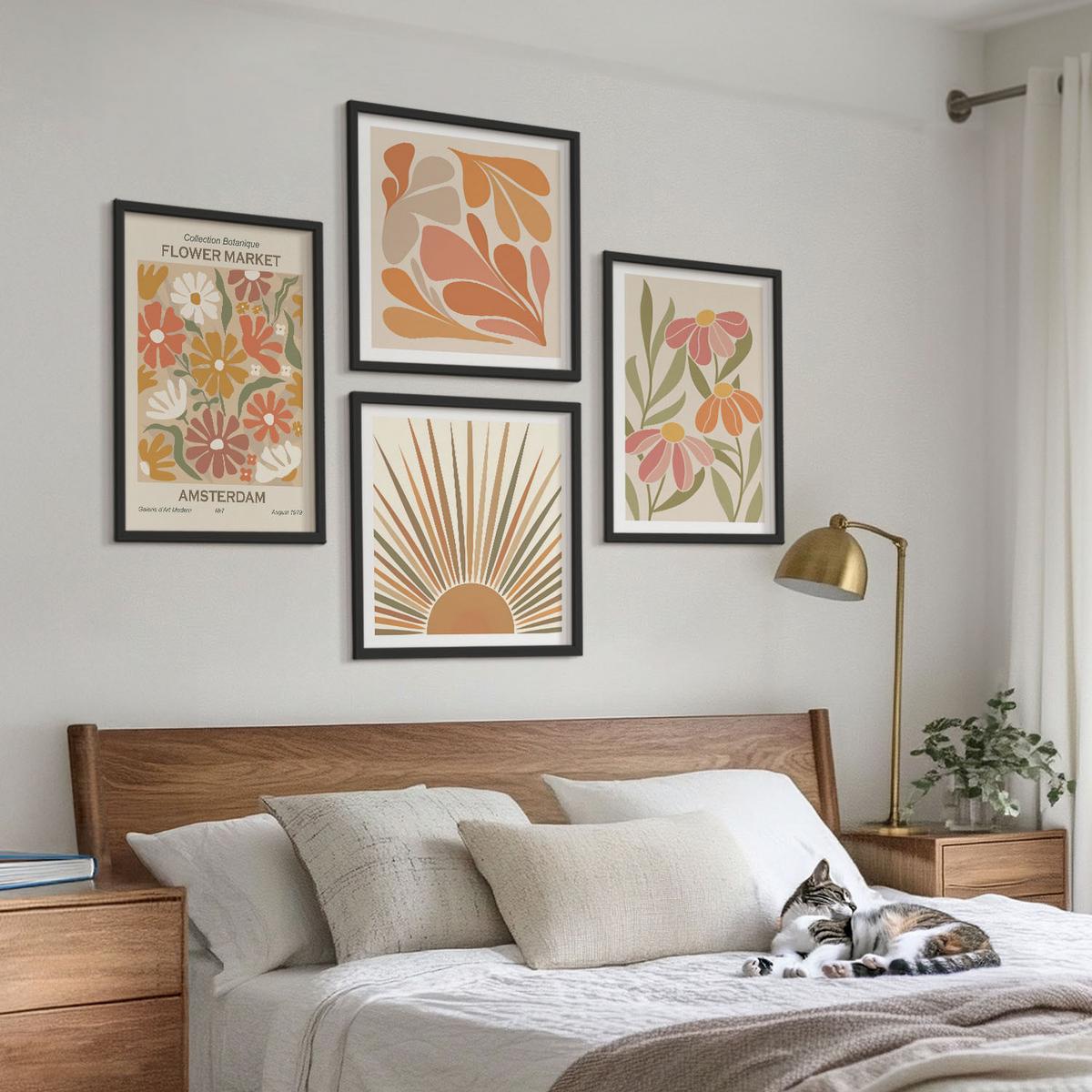 BILDER SET 4er Set - 50x50 cm & 40x60 cm Schwarzer Rahmen - Pastellfarbene Sonnenblumen - Schwarz, Kunststoff (50/50cm) - TULUP