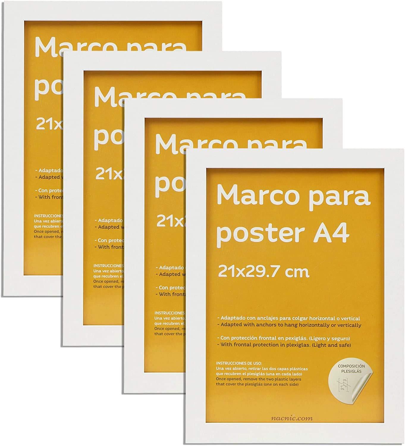 RAHMEN Set mit 4 aus MDF und Acrylglas Schutz und Aussteller für Fotografien, Bilder, Poster, Gemälde, Dekoration für Haus Farbe Weiß A4 - Weiß, Holz (21/3cm) - Nacnic