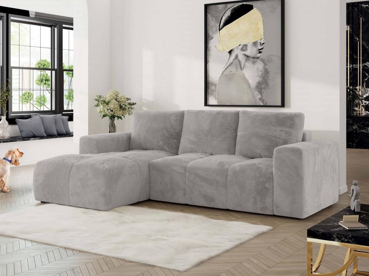 ECKSOFA MONIVA Hellgrau Plüsch - Links - Hellgrau/Schwarz, Textil (164/266cm) - MKS