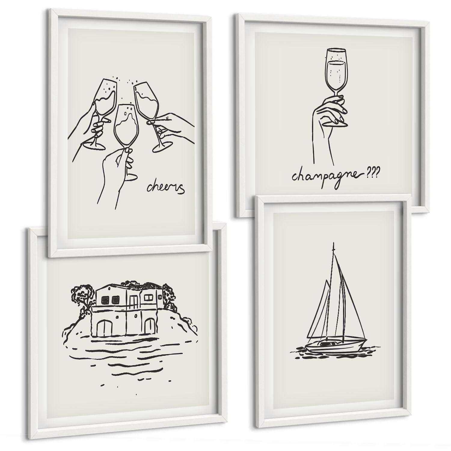 BILDER SET 4er Set - 50x50 cm & 40x60 cm Weißer Rahmen - Haus am Wasser, Toastsegelboot - Weiß, Kunststoff (50/50cm) - TULUP