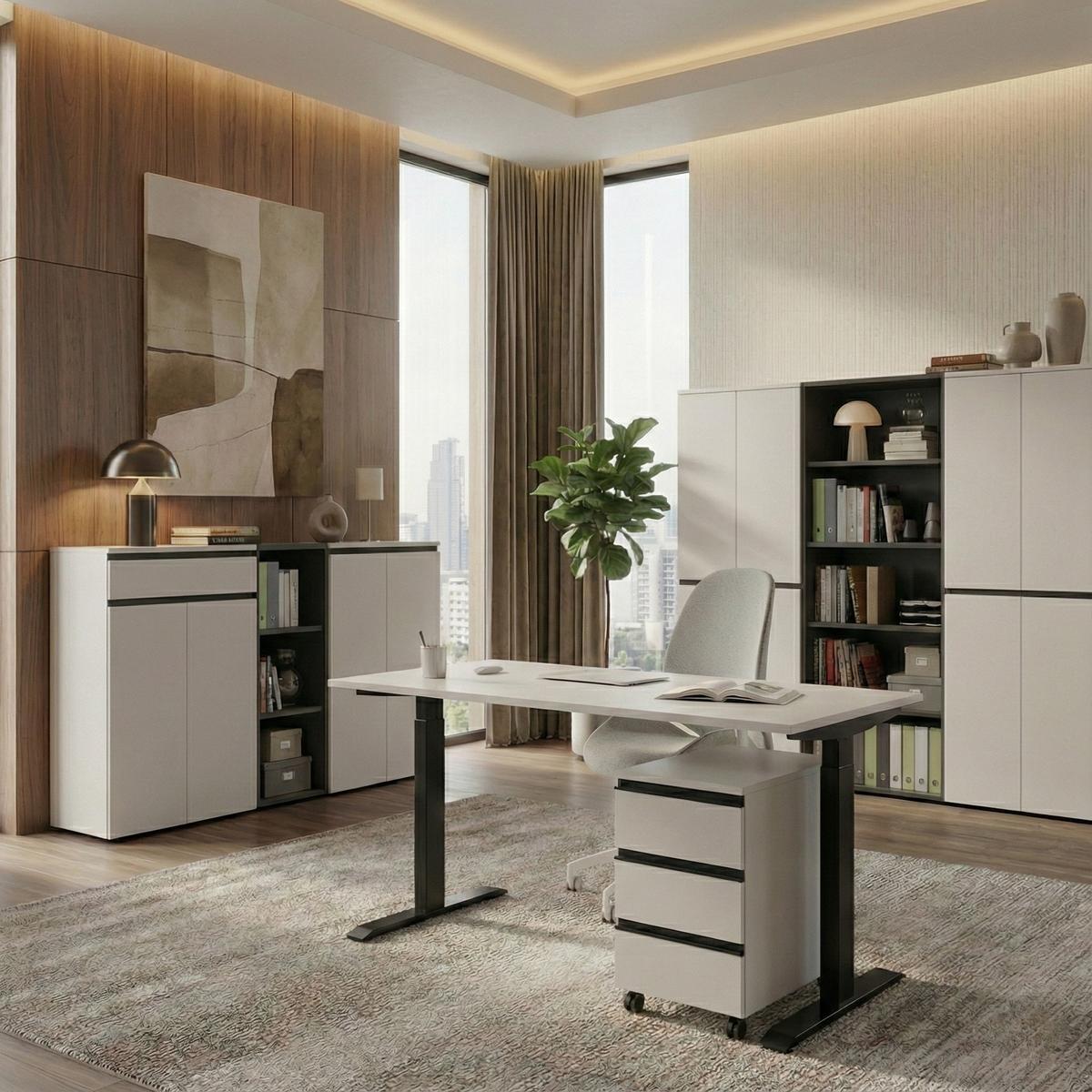 BÜROMÖBEL Set 2-teilig | Schreibtisch 140x80cm & Rollcontainer Greige/Schwarz | Einstellbar 68-91 cm & Soft-Close - Beige, Holzwerkstoff/Metall (80/195/91cm) - KADIMA DESIGN