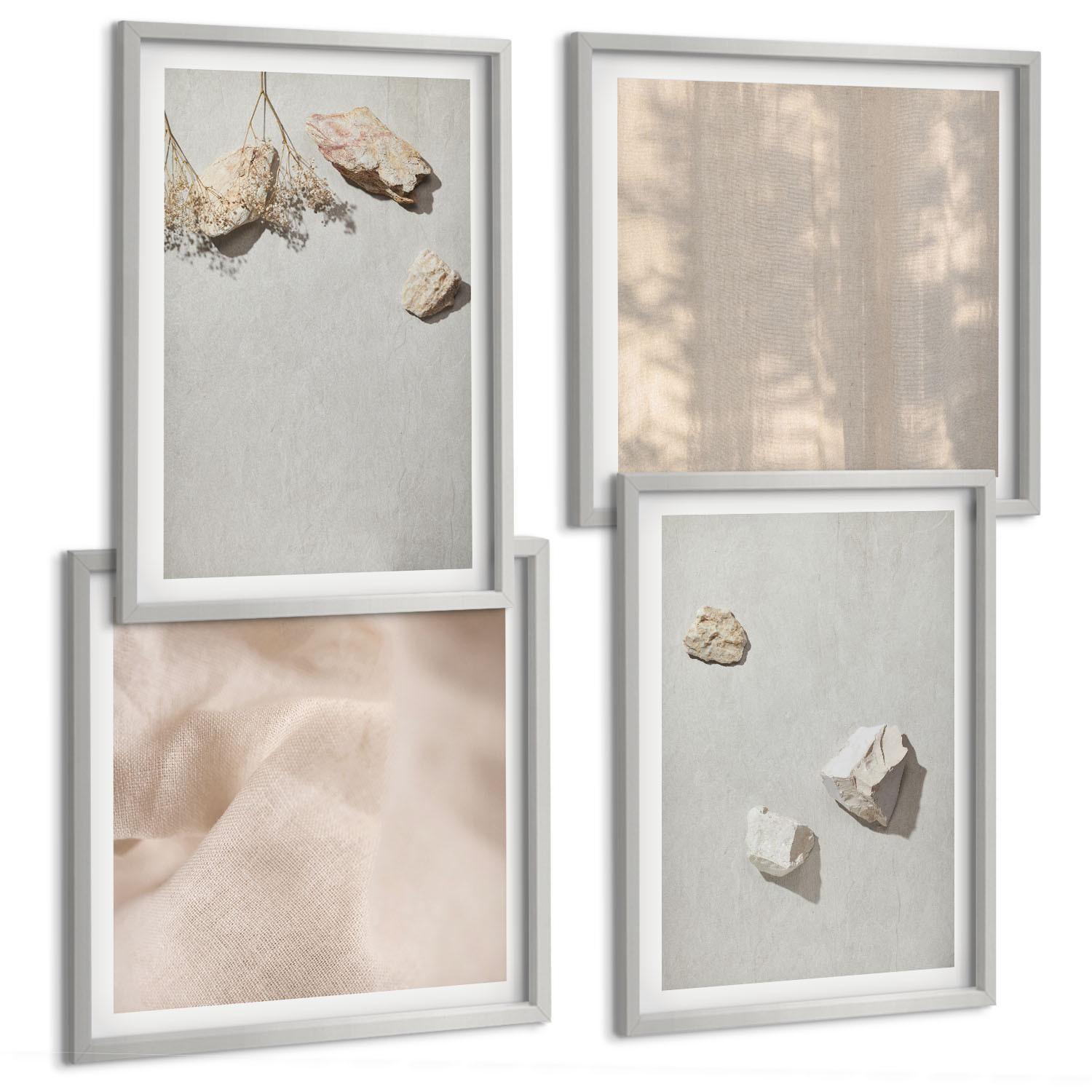 BILDER SET 4er Set - 50x50 cm & 40x60 cm Silberner Rahmen - Boho-Stranddekorationen aus Steinen - Silberfarben, Kunststoff (50/50cm) - TULUP