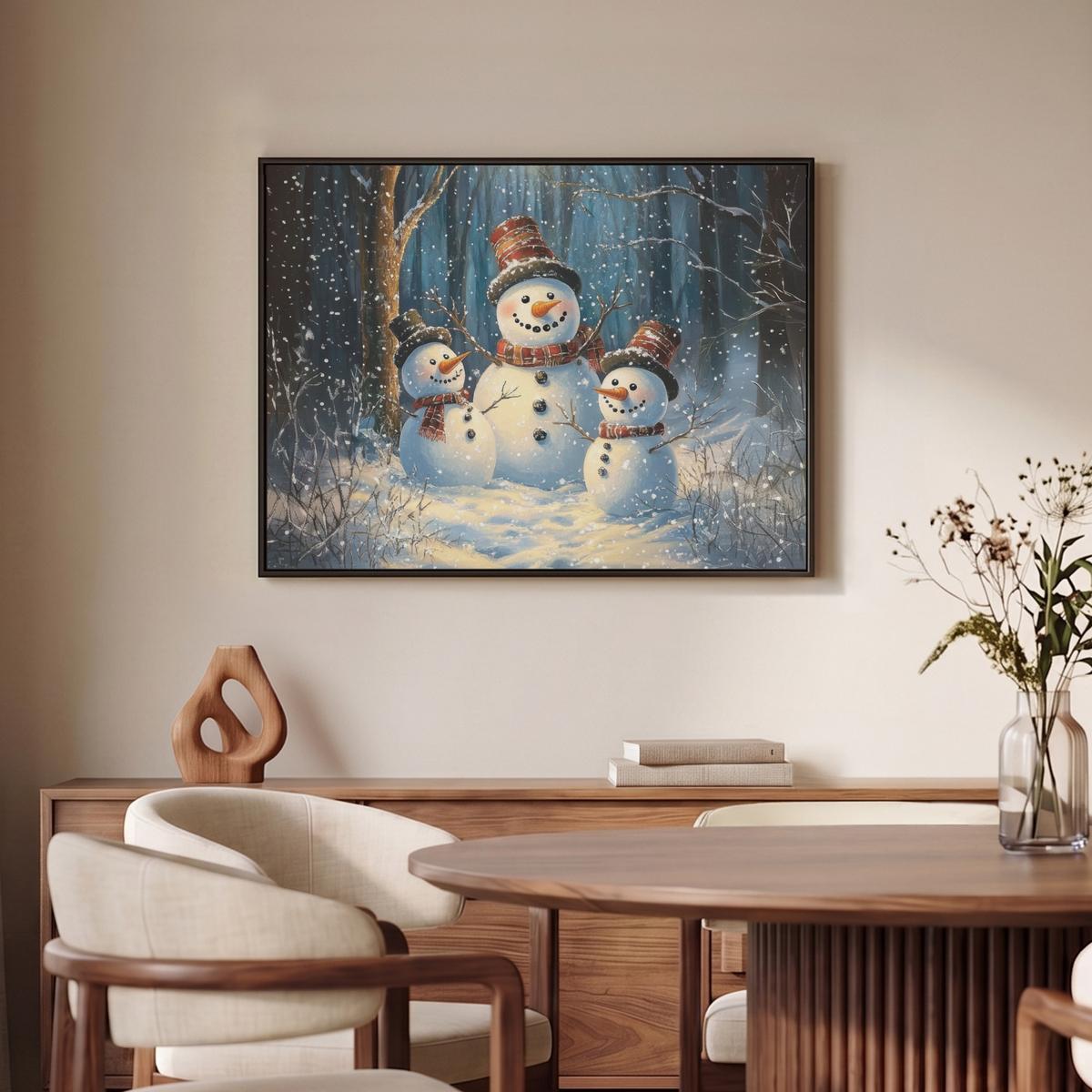 LEINWAND Bilder mit Rahmen - Schneemann - Schnee - Winter - Wald - 80x60 - Hellblau, Textil (80/60cm) - MuchoWow