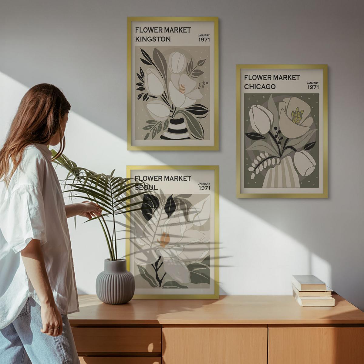 BILDER SET 3er Set - 40x60 cm Goldrahmen - Blumen Kingston Seoul Chicago Retro - Goldfarben, Kunststoff (40/60cm) - TULUP
