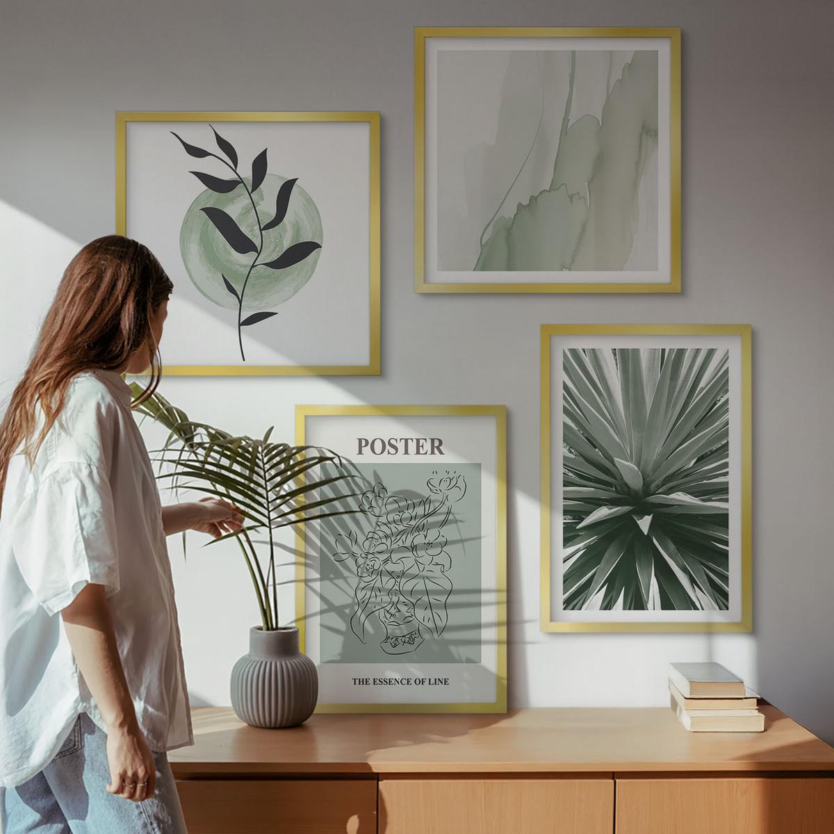 BILDER SET 4er Set - 50x50 cm & 40x60 cm Goldrahmen - Grün-beige Pflanzenmuster - Goldfarben, Kunststoff (50/50cm) - TULUP