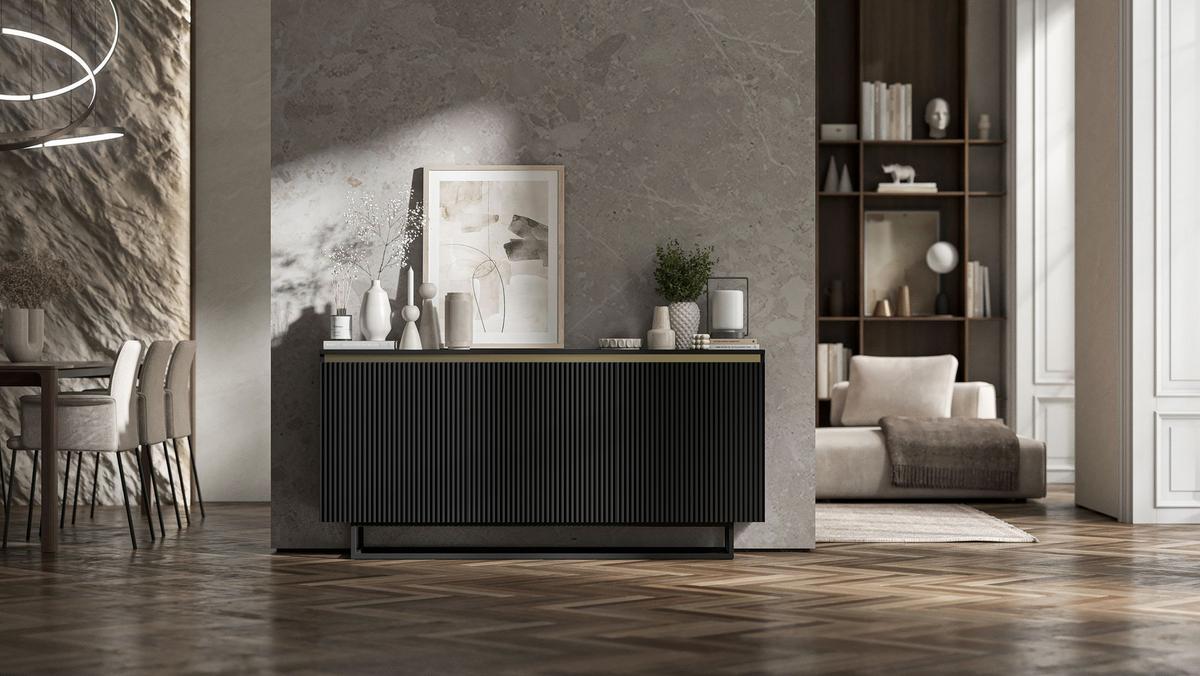SIDEBOARD Selene 3D Schwarz Matt mit metallrahmen Glamour 167 cm - Schwarz, Holzwerkstoff/Metall (167/79/35cm) - Meble Lindner