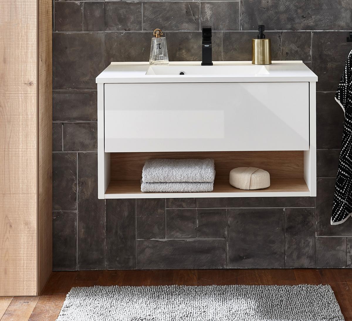 WASCHTISCH weiß Hochglanz, Eiche 80 cm, Waschbeckenunterschrank mit Waschbecken - Weiß Hochglanz, Holzwerkstoff (80/44/47cm) - Furn.Design