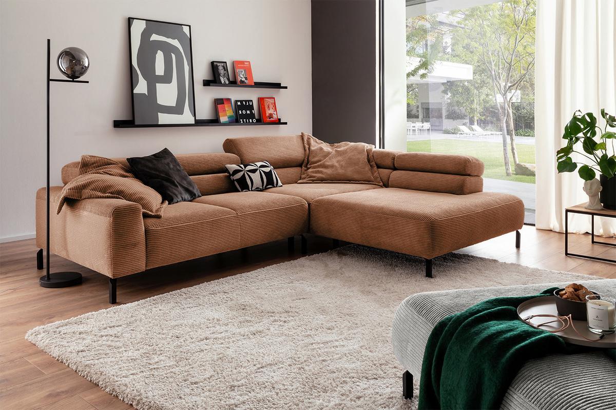 ECKSOFA DELIA Braun Cord - Schwarz/Braun, Textil/Metall (312/219cm) - KAWOLA