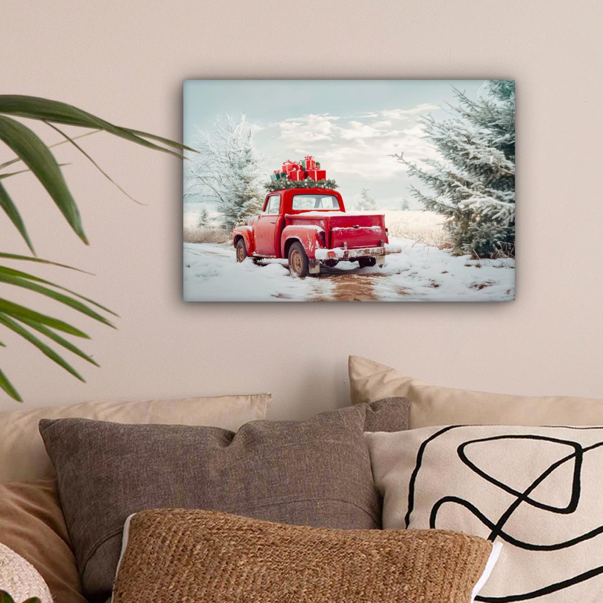LEINWANDBILD Auto - Rot - Geschenke - Winter - Schnee - Weihnachten Deko Schlafzimmer 30x20 cm - Rot, Textil (30/20cm) - MuchoWow