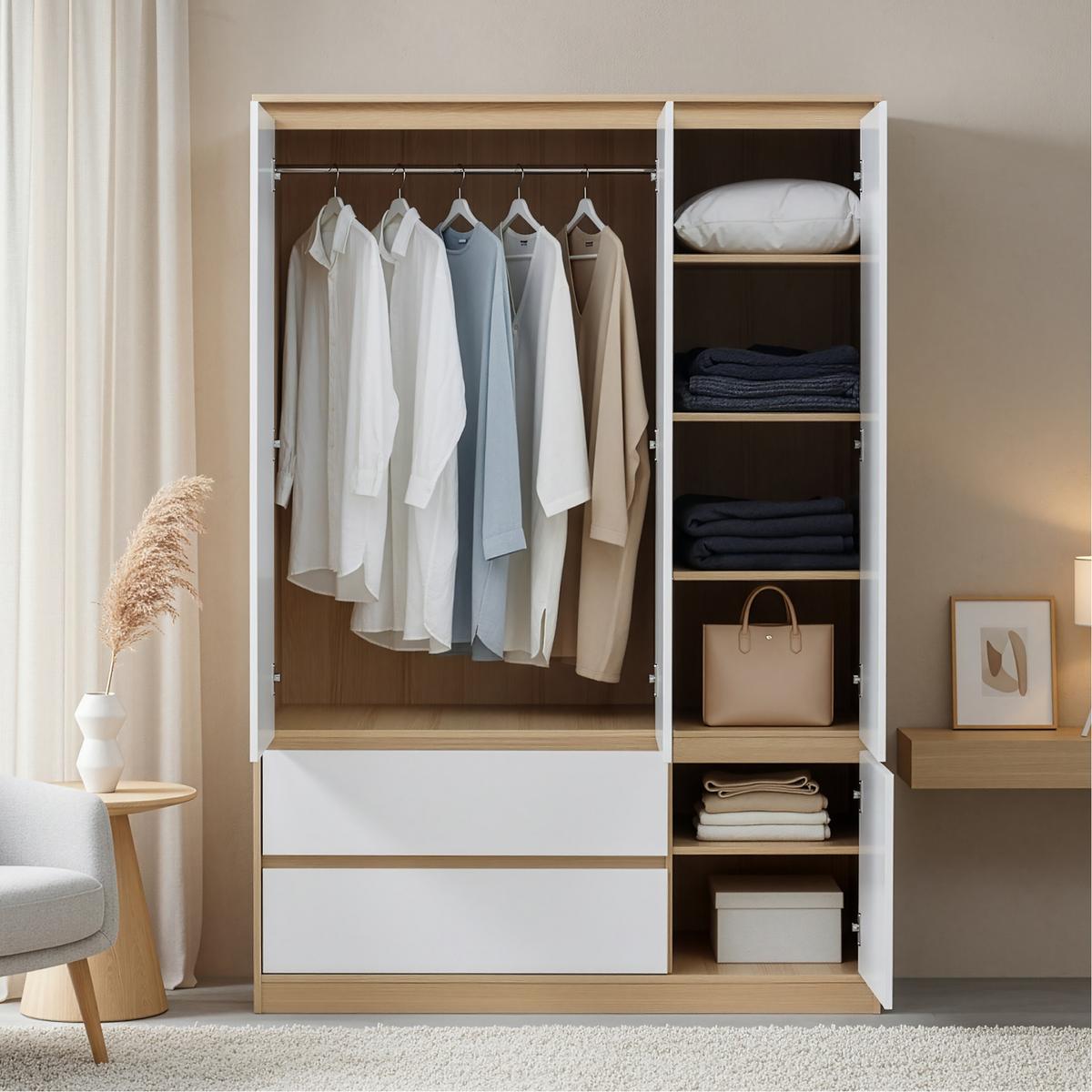KLEIDERSCHRANK Bastheim - Eichefarben/Weiß, Holzwerkstoff (120/176/52cm) - [en.casa]