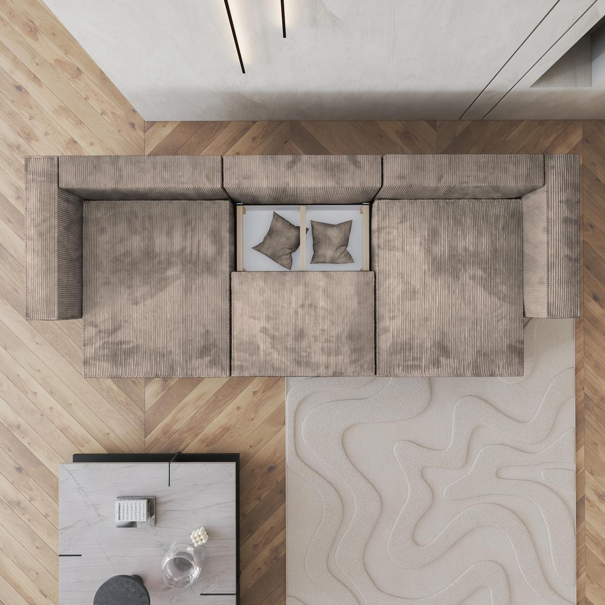 WOHNLANDSCHAFT SARMO P Beige Kordstoff mit Schlaffunktion - Beige/Grau, Holz/Kunststoff (347/70/148cm) - MASSENO