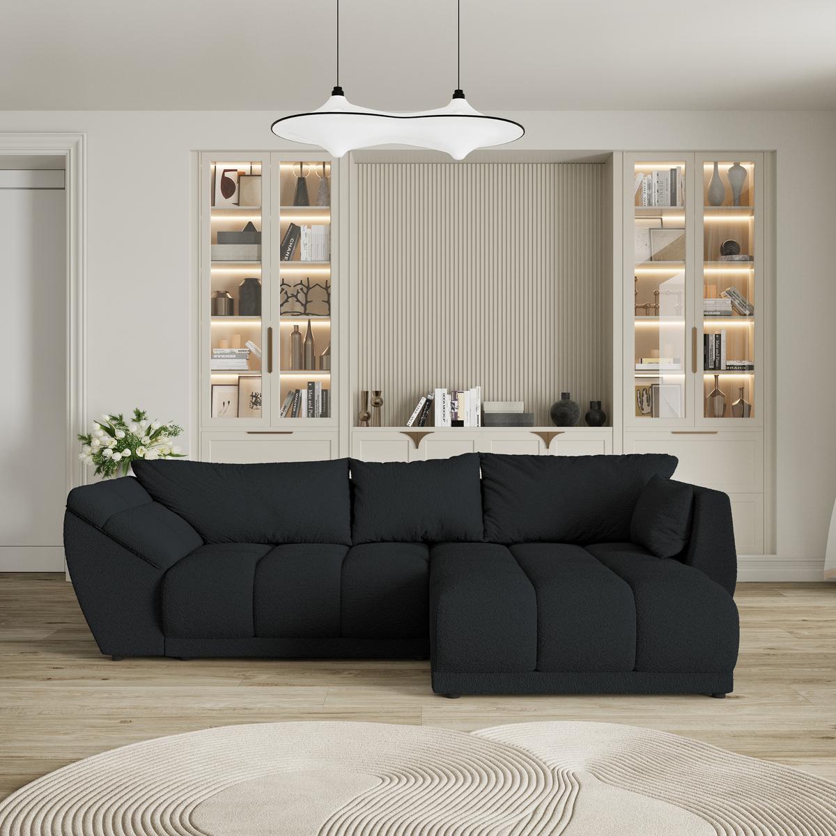 ECKSOFA ORENTI R-S Schwarz Boucle-Stoff mit Schlaffunktion - Schwarz, Holz (287/182cm) - MASSENO