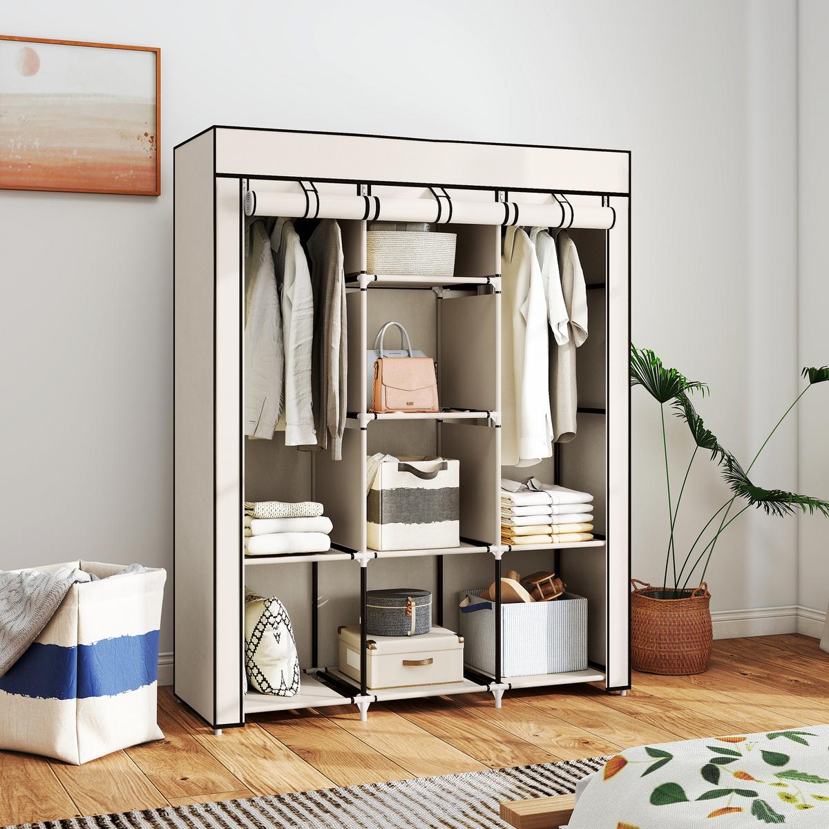 STOFFSCHRANK, Faltschrank, Kleiderschrank mit Kleiderstangen, 8 Ebenen Cremeweiß - Weiß, Metall (43/162.5/125cm) - HOMCOM