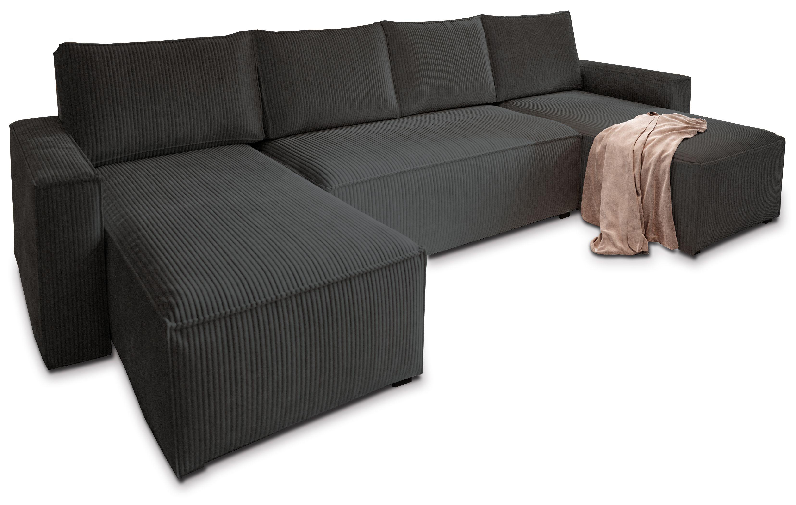WOHNLANDSCHAFT ASPRA Schwarz Kordstoff mit Schlaffunktion - Schwarz/Grau, Holz/Kunststoff (295/85/140cm) - MASSENO