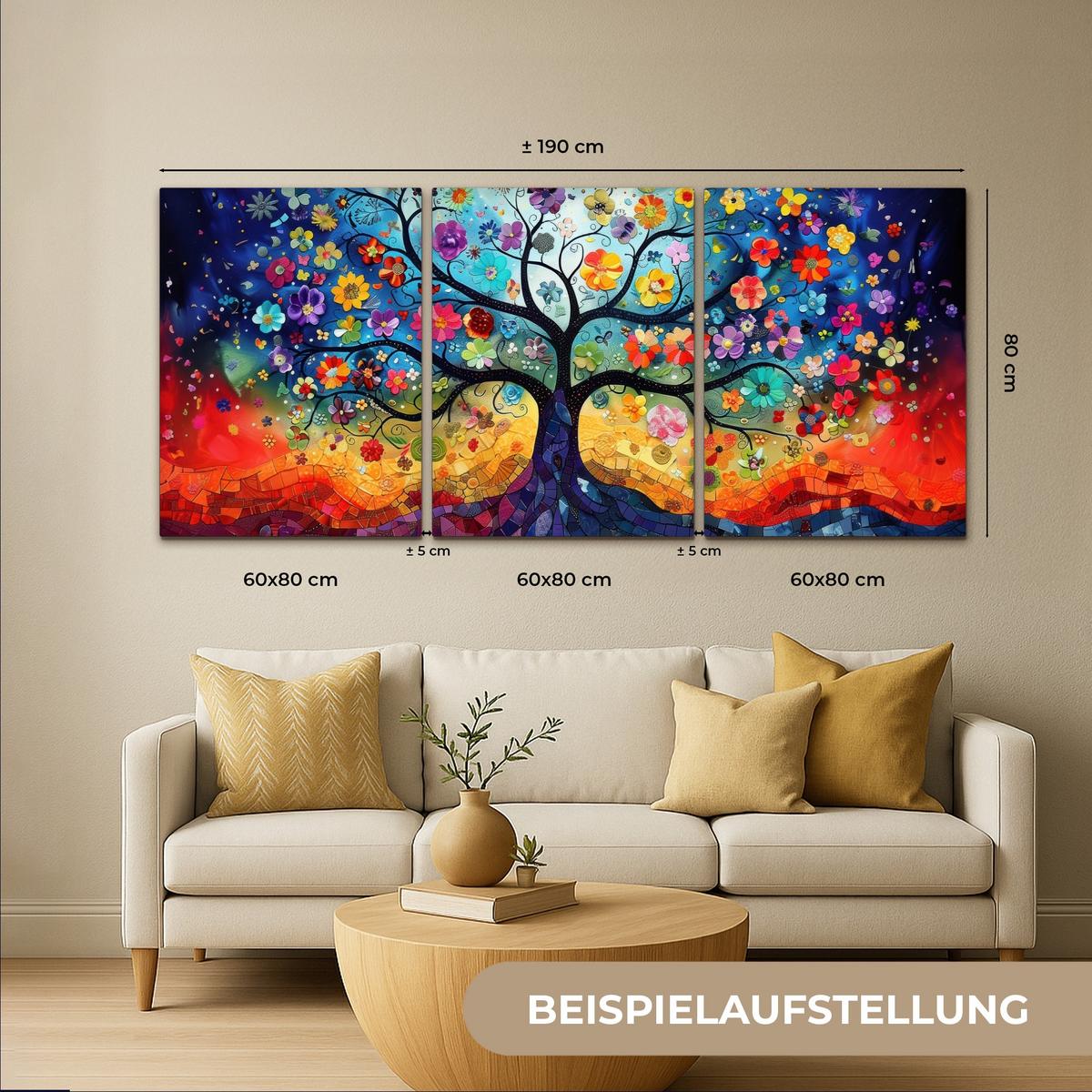 LEINWANDBILD 3er Set Bunt - Baum des Lebens - Blumen - Abstrakt 180x80 cm - Blau, Textil (180/80cm) - MuchoWow