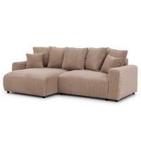 ECKSOFA Calma mit Schlaffunktion und Bettkasten im Bumpy-Design aus weichem Beige Plüschcord - Ottomane links - Beige/Schwarz, Holz/Kunststoff (239/140cm) - S-Style