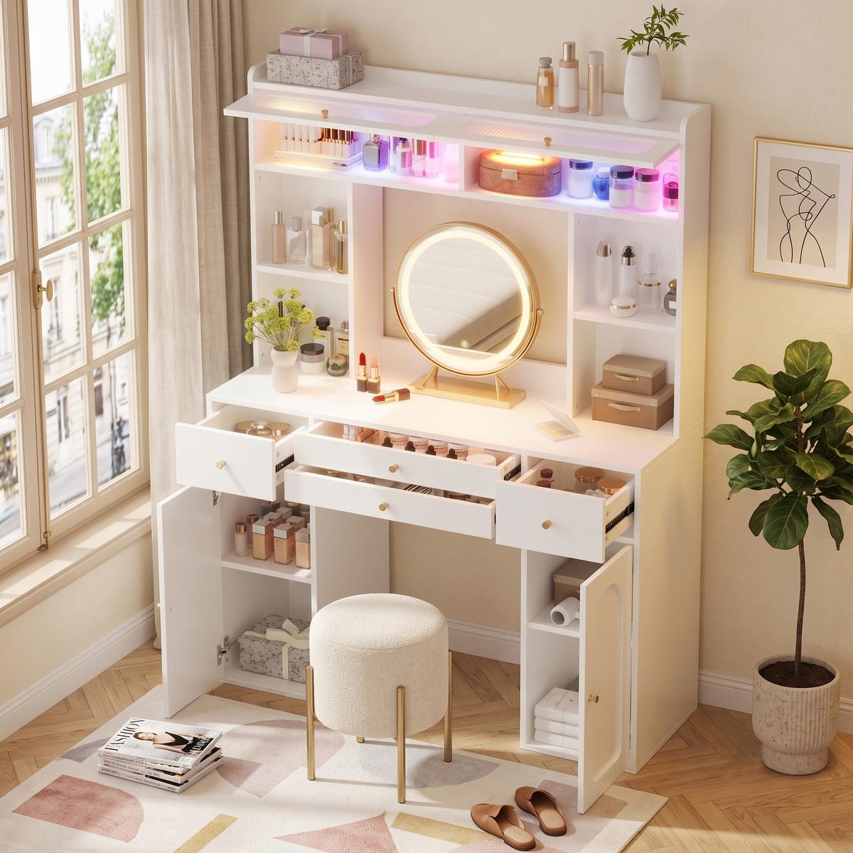 SCHMINKTISCH Weiß mit LED-Spiegel, 4 Schubladen, Schränken & App-Beleuchtung - Weiß, Holzwerkstoff (120/160/40cm) - Urban Meuble
