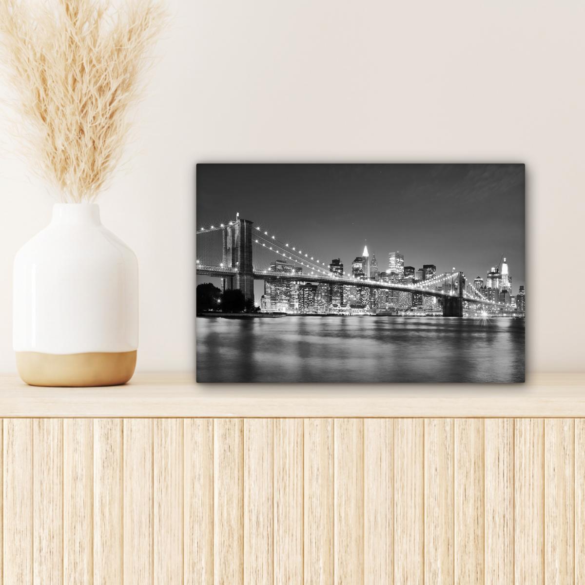 LEINWANDBILD New York - Brücke - Brooklyn - Schwarz und weiß - Architektur Deko Schlafzimmer 30x20 cm - Schwarz, Textil (30/20cm) - MuchoWow
