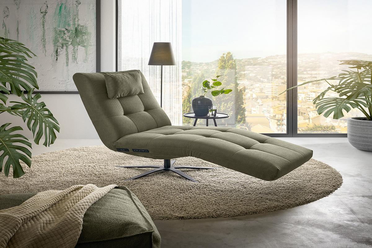 RELAXLIEGE LETICIA Grün Cord Drehbar (360°), Relaxfunktion - Schwarz/Olivgrün, Textil/Metall (82/115/156cm) - KAWOLA