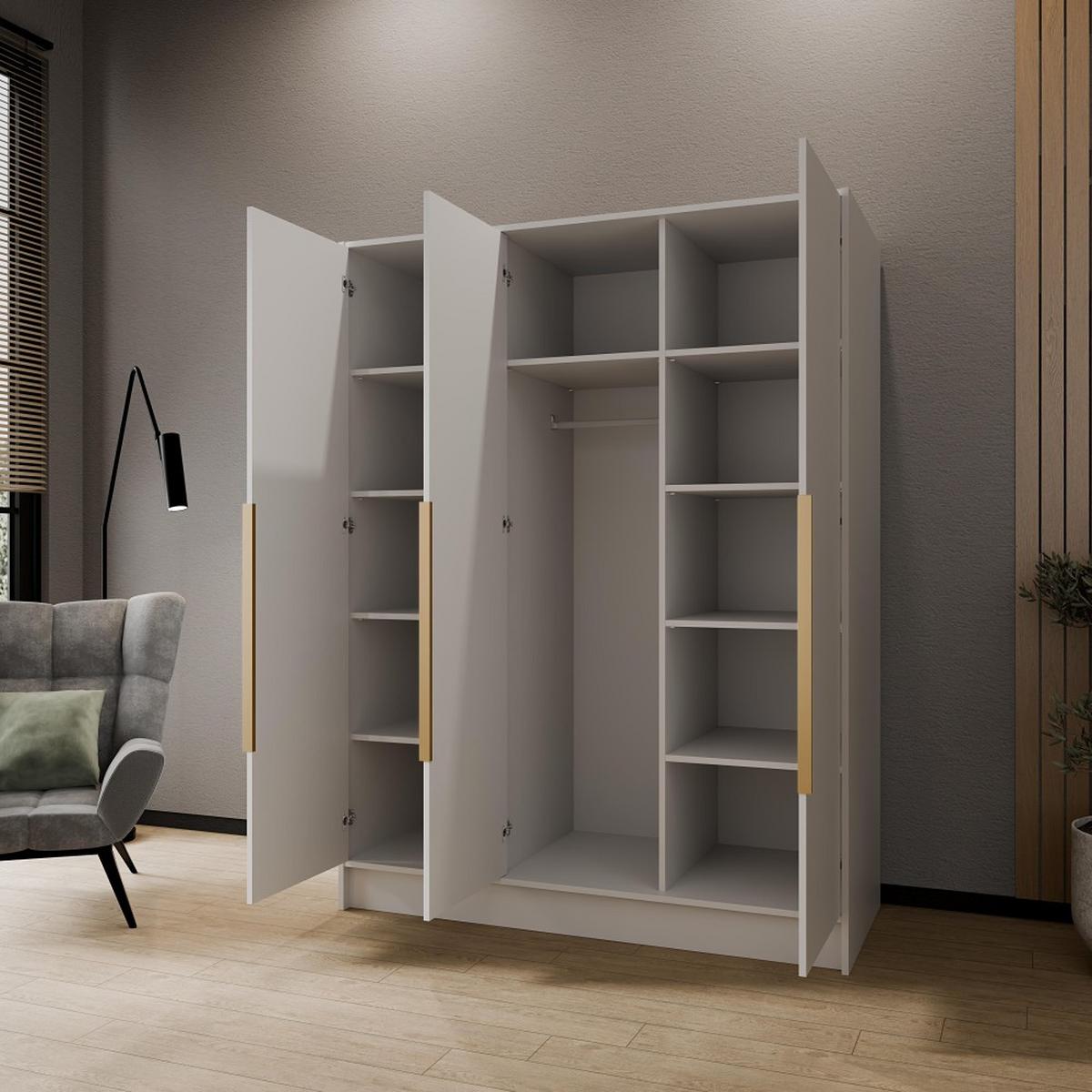 DREHTÜRENSCHRANK Pavia ohne Spiegel, Weiß mit mit goldenen Griffen, 150 cm - Goldfarben/Weiß, Holzwerkstoff (150/200/51cm) - Beautysofa