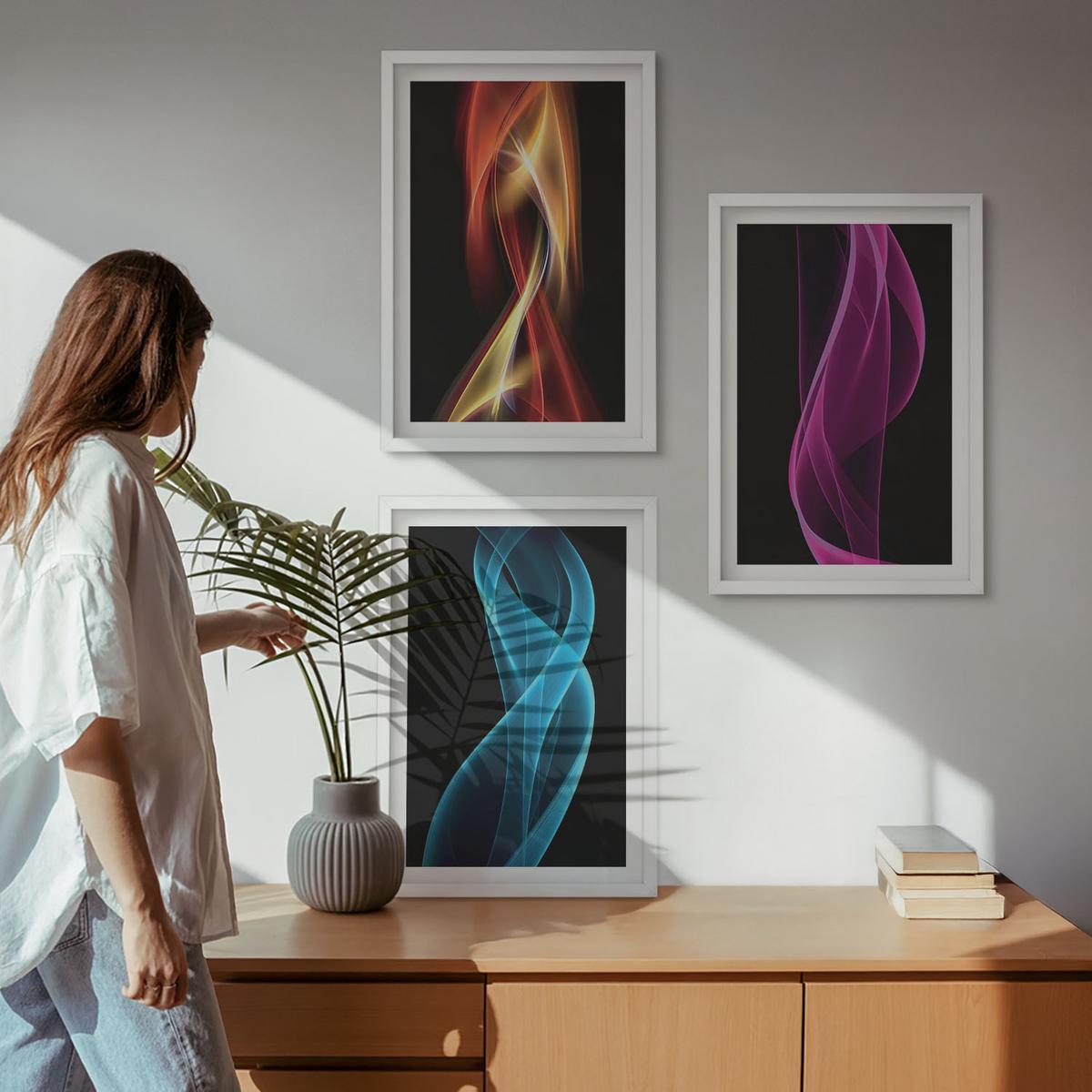 BILDER SET 3er Set - 40x60 cm Weißer Rahmen - Neonwellenlinien auf dunklem Hintergrund - Weiß, Kunststoff (40/60cm) - TULUP