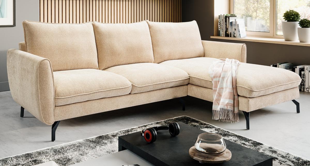 SOFA beige Webstoff 259 x 167 cm, Ecksofa 5-Sitzer, L-Sofa Ottomane rechts - Beige/Schwarz, Holz/Textil (259/167cm) - Inn.Furn