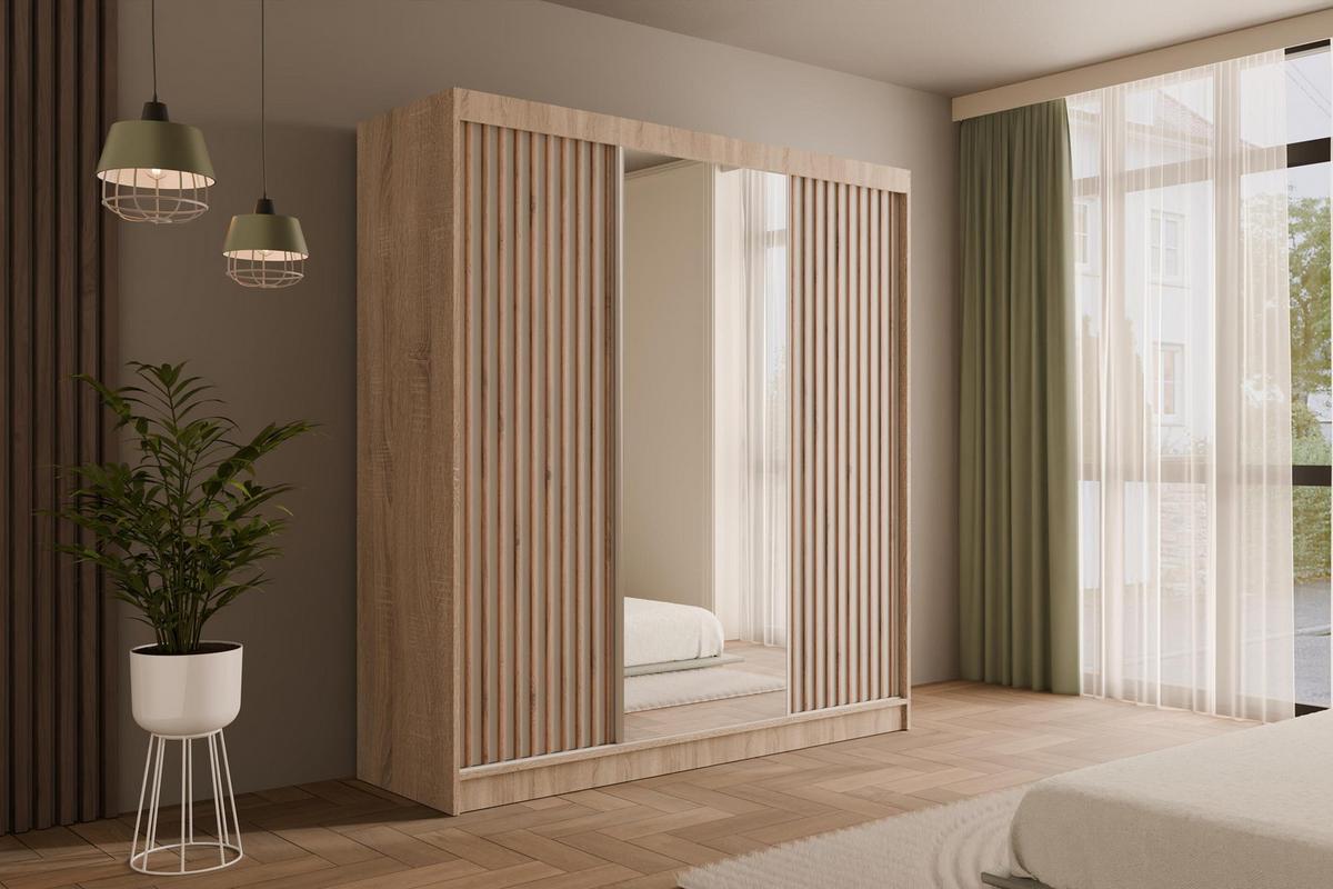 KLEIDERSCHRANK mit Spiegel V2-ZENTI 215x200 cm Sonoma Eiche|Weiß - Weiß/Sonoma Eiche, Holzwerkstoff (200/215/61cm) - ALTDECOR