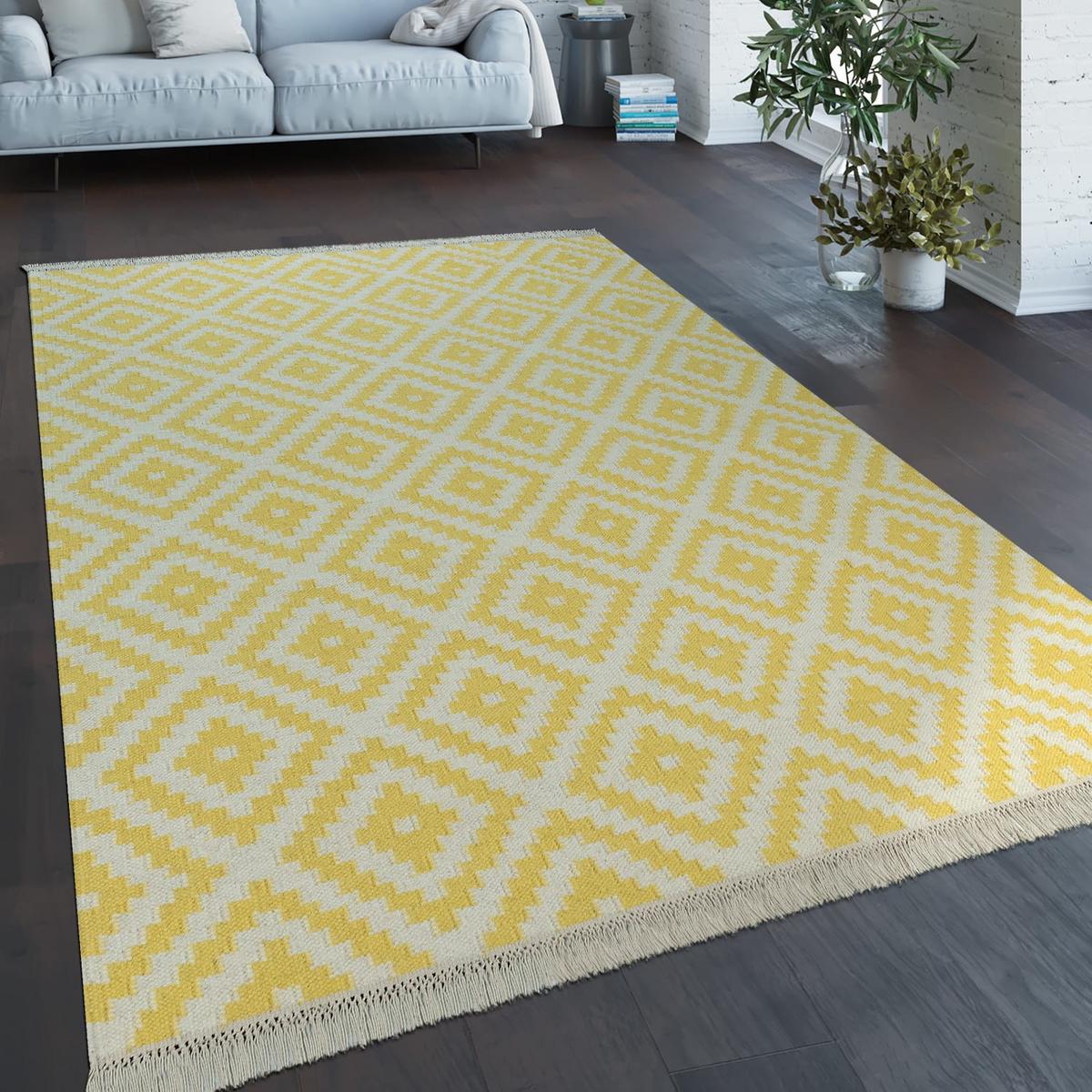 WOLLTEPPICH handgewebt, mit Rautenmuster, Gelb, 120 x 170 cm - Gelb, Textil (170/120cm) - KADIMA DESIGN