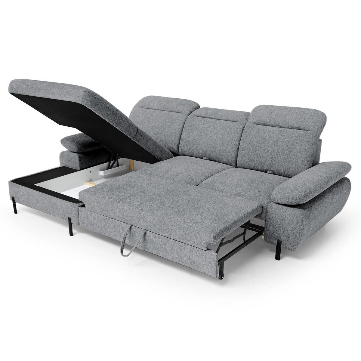 ECKSCHLAFSOFA Sora Mini mit verstellbaren Kopfstützen und Schlaffunktion, Chenille-Stoff, Grau, Links - Schwarz/Grau, Textil (285/190cm) - Beautysofa