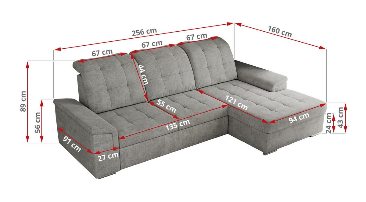 ECKSOFA MADRITO L - Hellgrau Struktur - Links - Silberfarben/Hellgrau, Textil/Metall (160/256cm)
