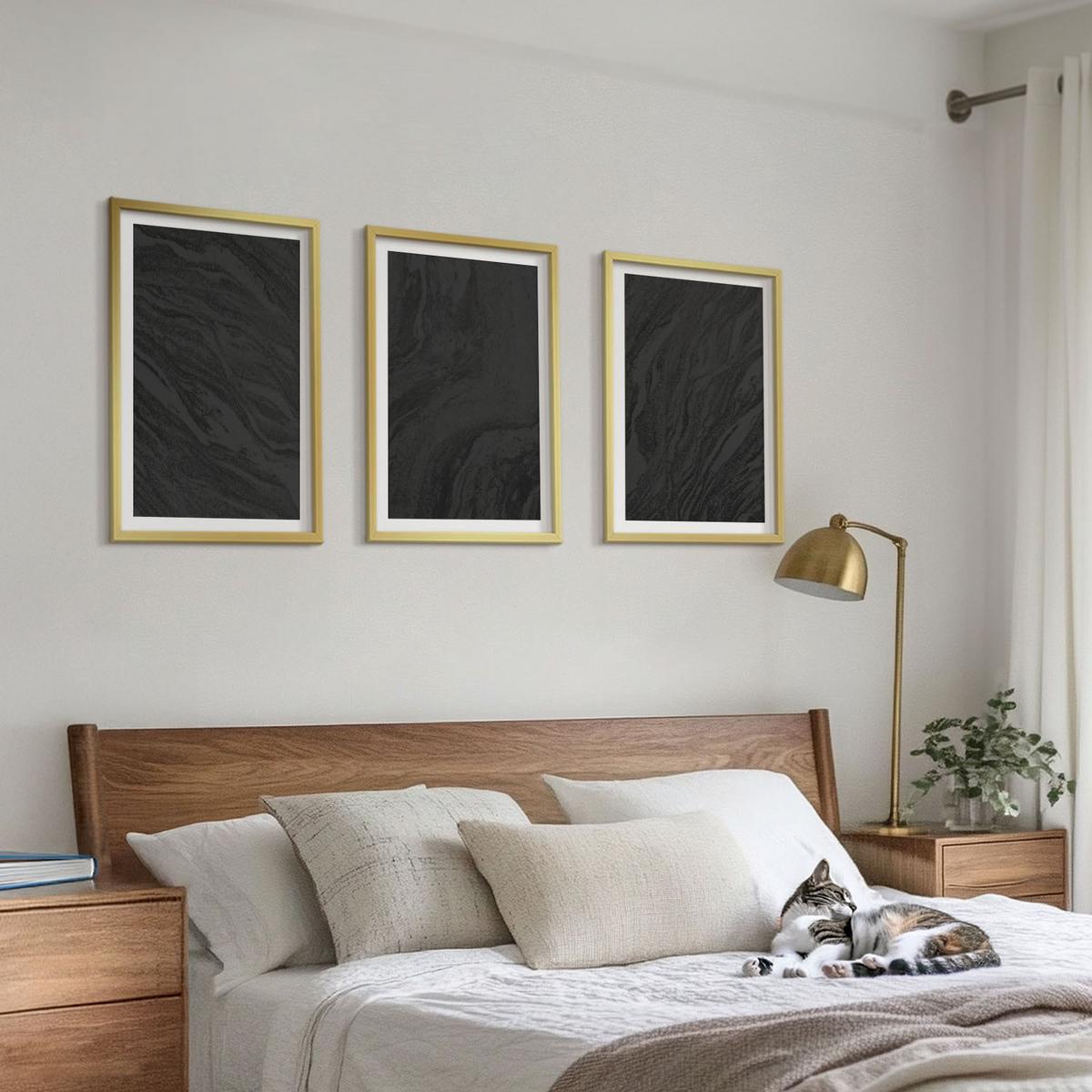 BILDER SET 3er Set - 40x60 cm Goldrahmen - Dunkler Marmor, elegante Texturen - Goldfarben, Kunststoff (40/60cm) - TULUP