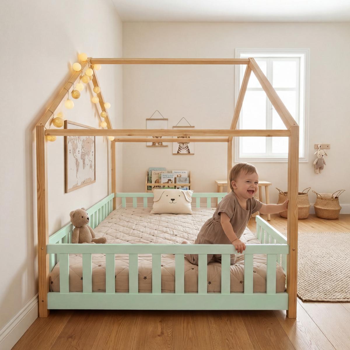 HAUSBETT Treviolo - Naturfarben/Mintgrün, Holz (120/200cm) - [en.casa]