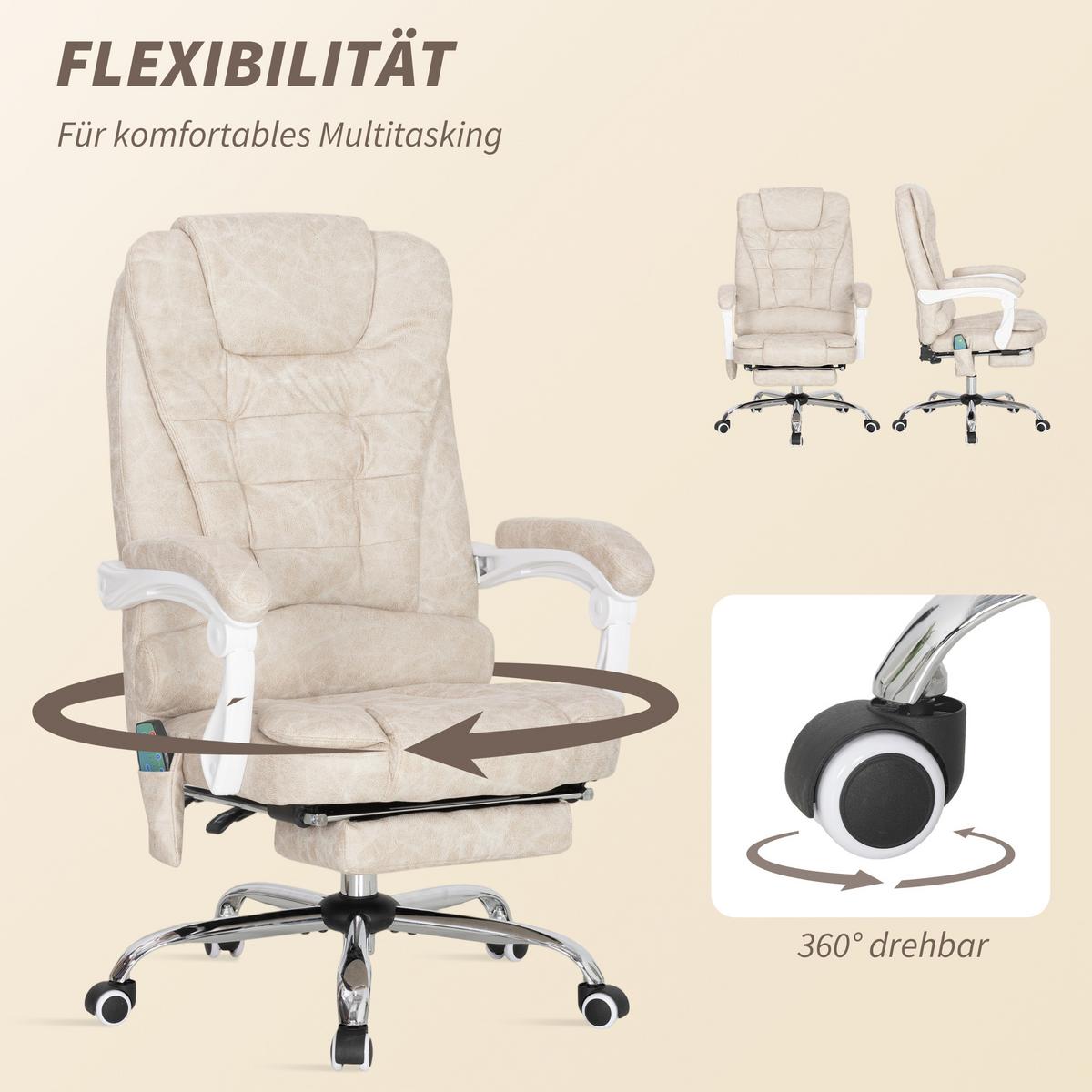 BÜROSTUHL mit Massagefunktion, Ergonomisch Schreibtischstuhl mit Liegefunktion - Silberfarben/Creme, Kunststoff/Textil (70/119/65cm) - Vinsetto