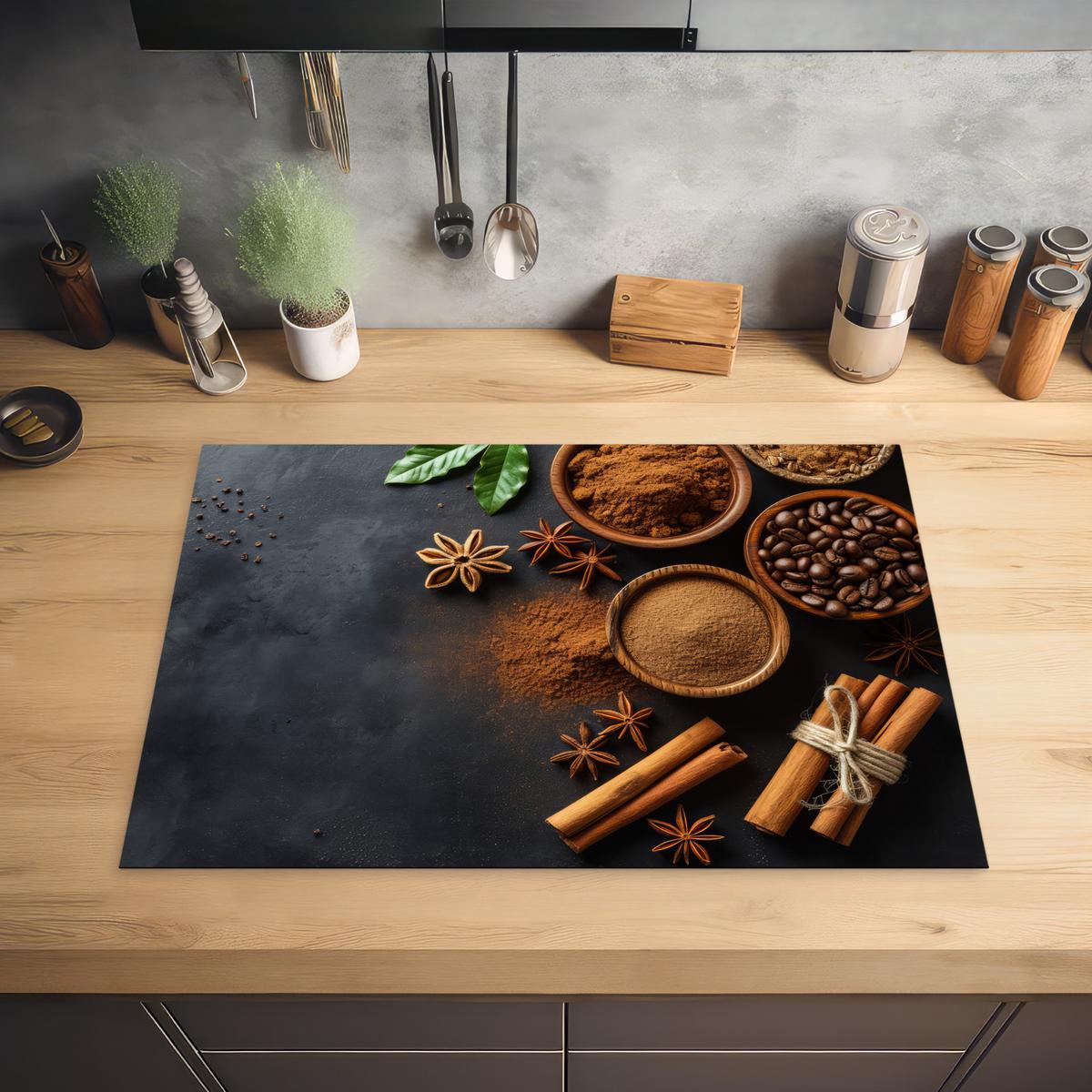HERDABDECKPLATTE Zimt - Beton - Kaffee - Zimtstangen - Gewürze Herdabdeckung Induktionsfeld 75x52 cm - Mokka, Kunststoff (75/52/0.2cm) - MuchoWow