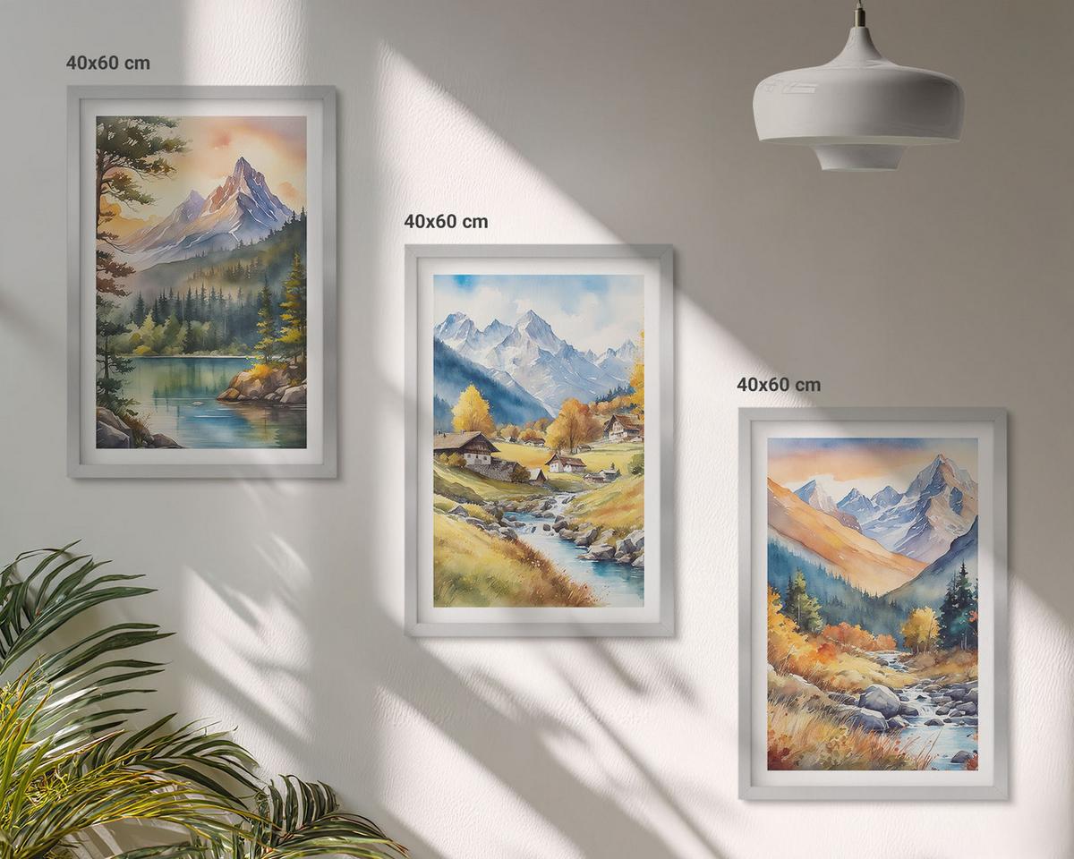 BILDER SET 3er Set - 40x60 cm Silberner Rahmen - Berglandschaft mit einem Fluss - Silberfarben, Kunststoff (40/60cm) - TULUP