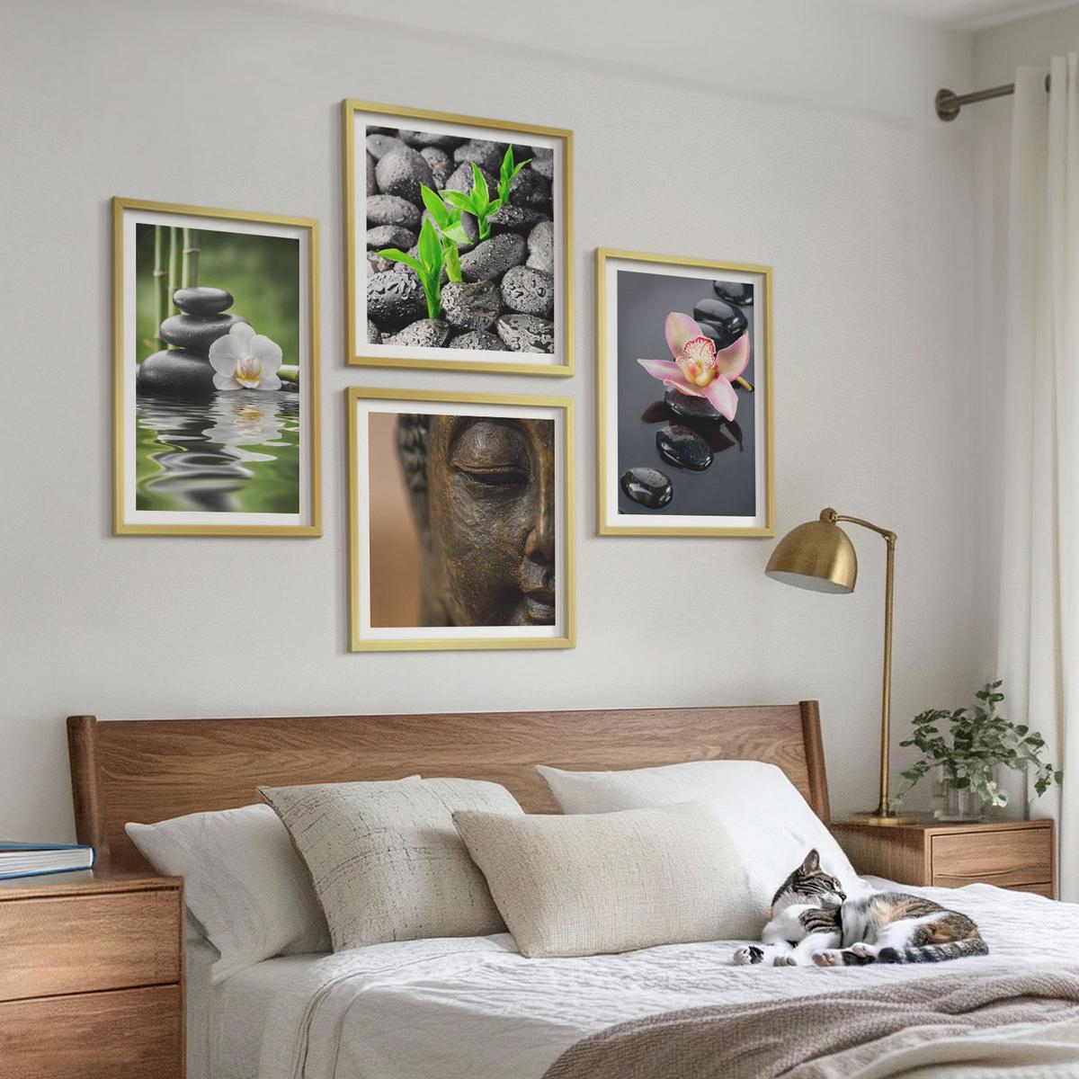 BILDER SET 4er Set - 50x50 cm & 40x60 cm Goldrahmen - Friedliche Zen-Blumen-Buddha-Komposition - Goldfarben, Kunststoff (50/50cm) - TULUP