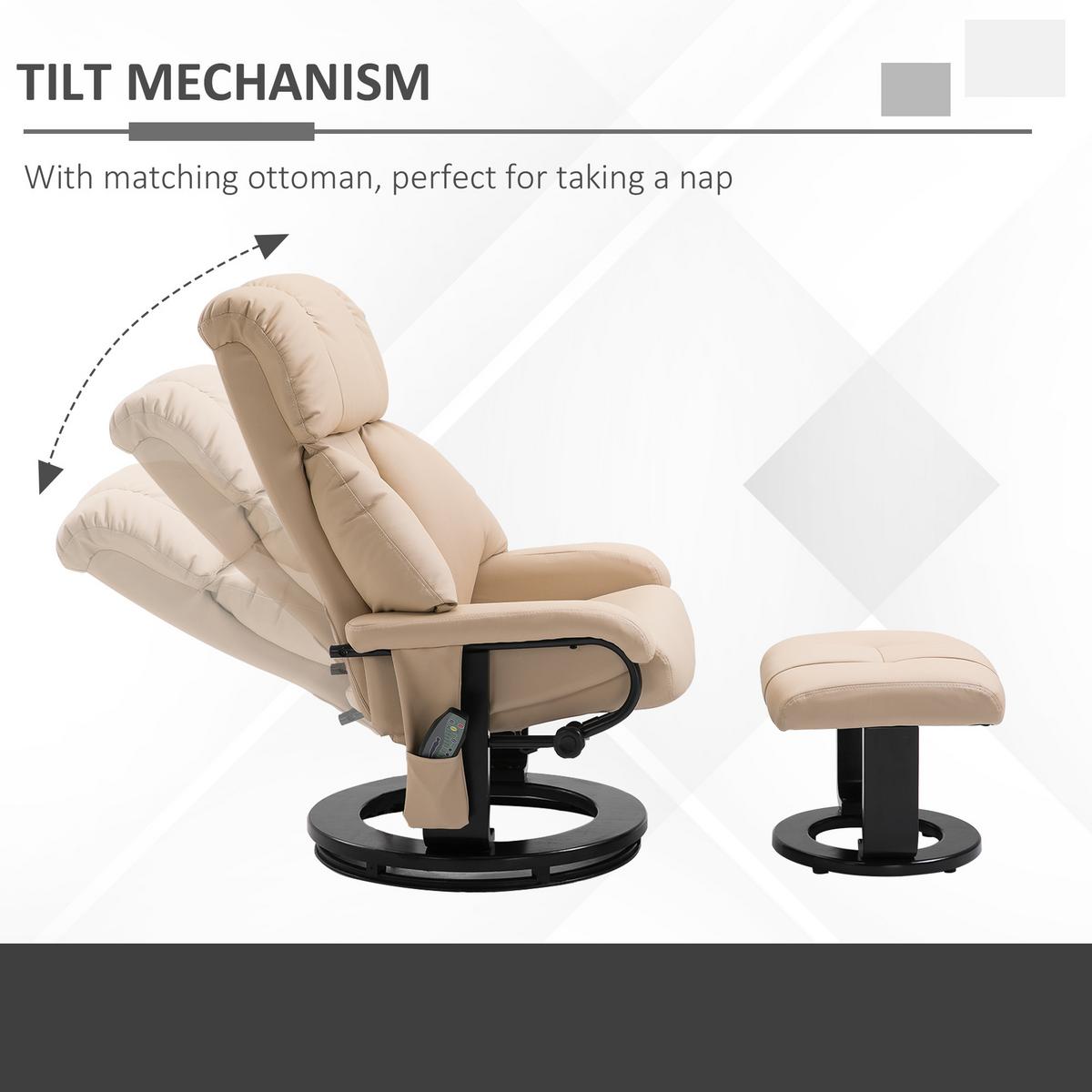 RELAXSESSEL mit Liegefunktion Massagesessel inkl. Hocker Fernsehsessel drehbar - Creme/Schwarz, Leder/Kunststoff (80/102/76cm) - HOMCOM