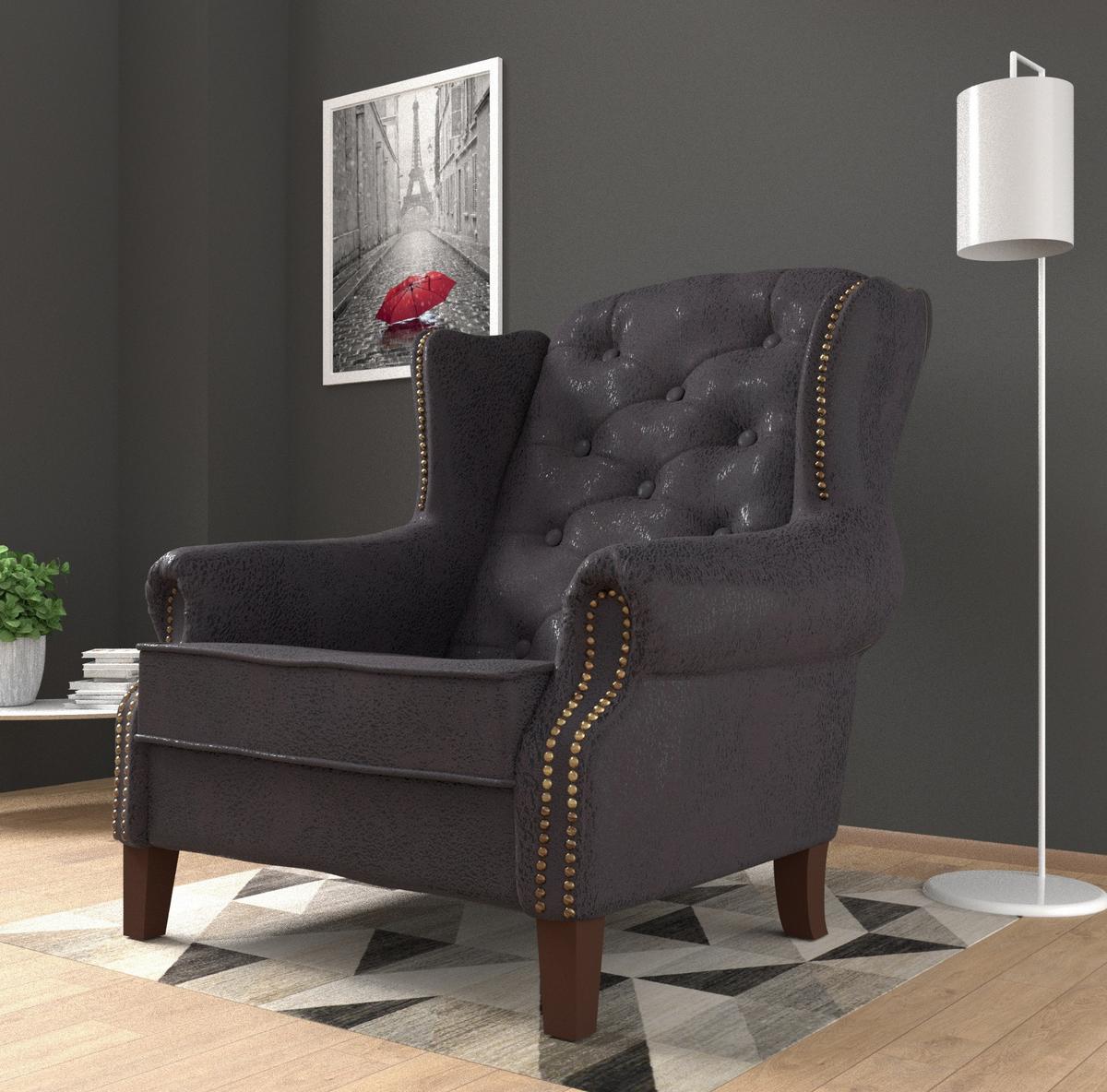 CHESTERFIELD-SESSEL Anton Dunkelgrau Microfaser Vintageoptik - Dunkelgrau/Braun, Holz/Textil (102/102/93cm) - S-Style Möbel