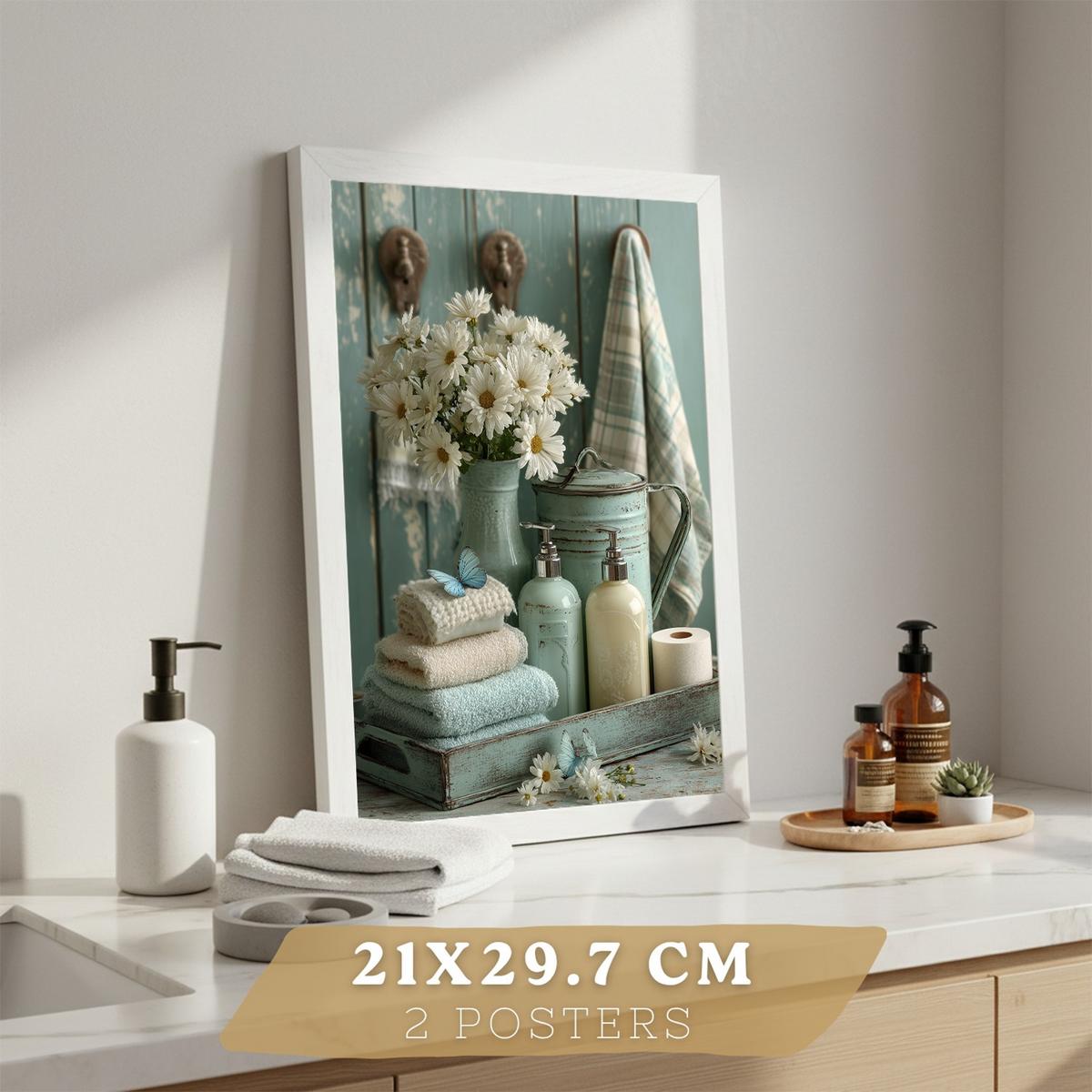 POSTER Set mit 2 dekorativen Badezimmer-Drucken, Shabby Chic Blumenposter für Wand, Waschbecken, romantische Dekoration mit Blumen Weißer Rahmen A4 - Weiß, Papier (29.7/21/3cm) - Nacnic