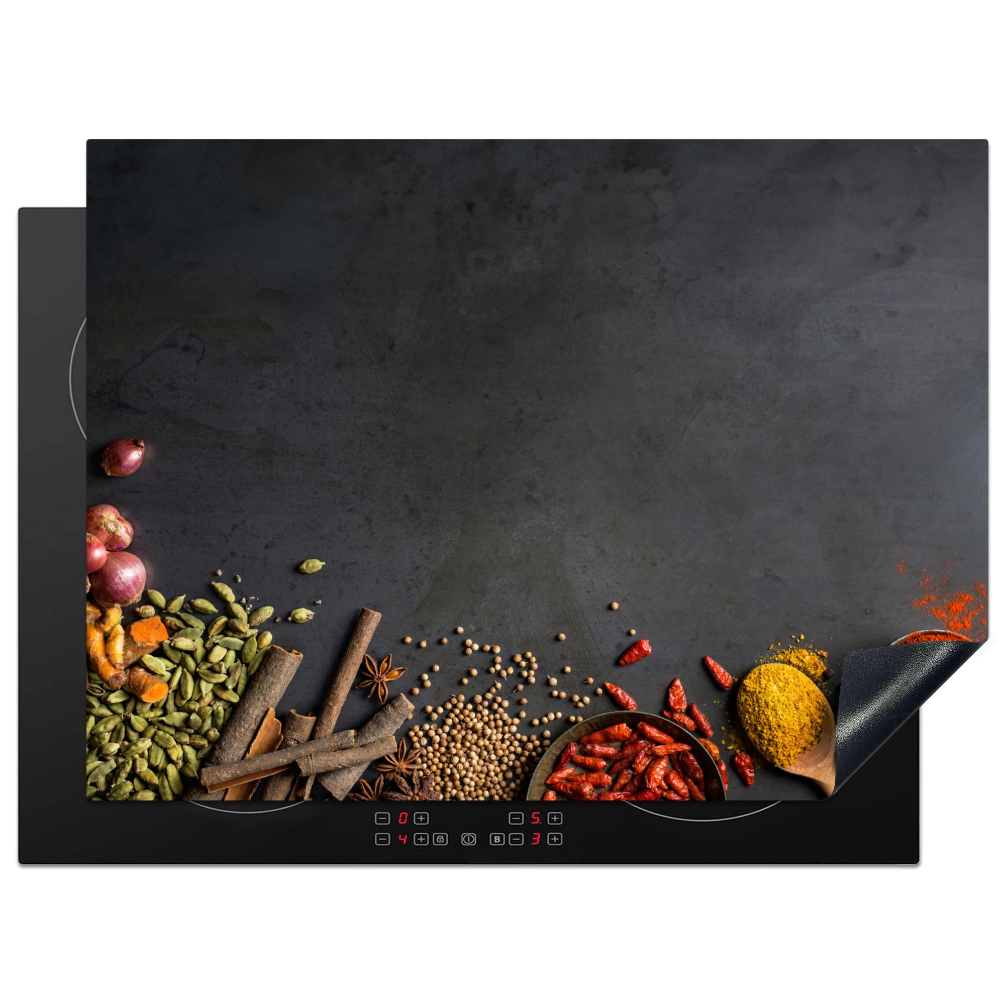 HERDABDECKPLATTE Kräuter - Lebensmittel - Gewürze - Schwarz - Paprika - Zimt Induktionsmatte 71x52 cm - Currygelb, Kunststoff (71/52/0.2cm) - MuchoWow