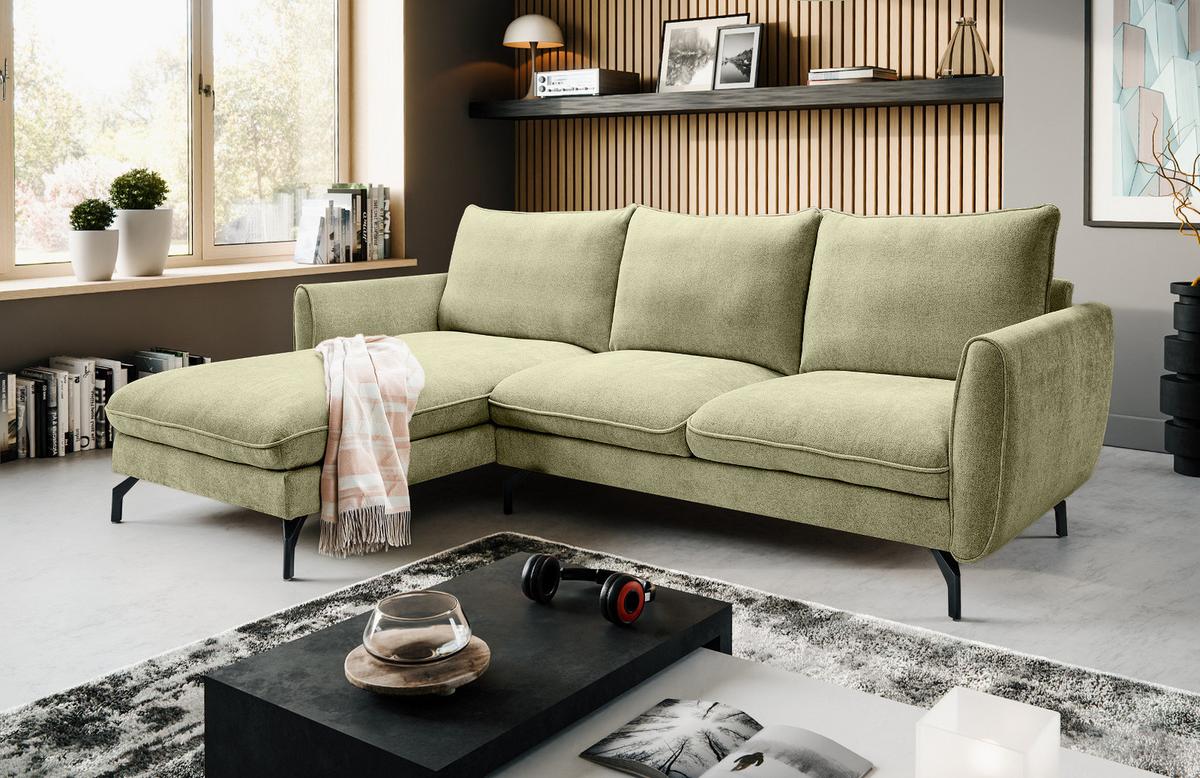 SOFA grün Webstoff 259 x 167 cm, Ecksofa 5-Sitzer, L-Sofa Ottomane links - Schwarz/Grün, Holz/Textil (259/167cm) - Inn.Furn