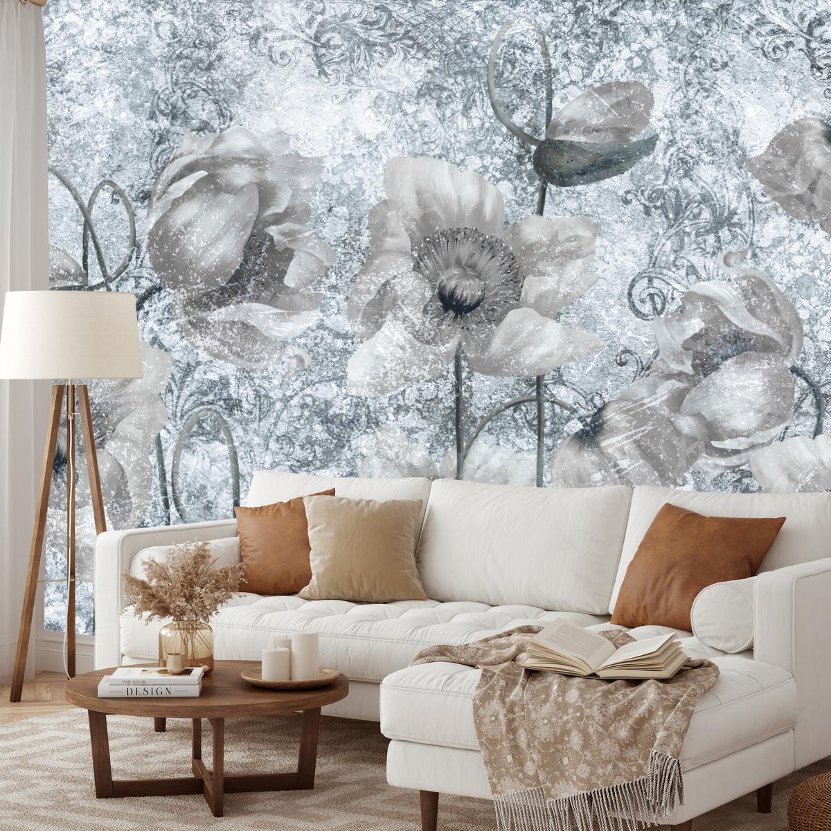 FOTOTAPETE für Wohnzimmer Grau Mohnblumen Beton Blumen Blätter 250x175 - Grau, Papier (250/175cm) - Muralo