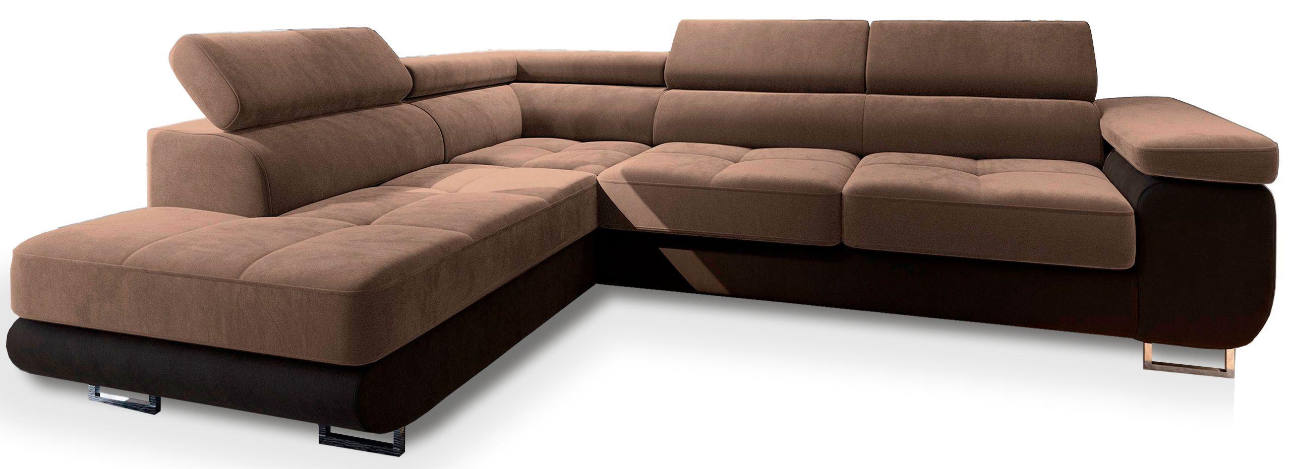 ECKSOFA SELVA L-S Beige Velours-Stoff mit Schlaffunktion - Beige/Silberfarben, Holz/Holzwerkstoff (275/202cm) - MASSENO