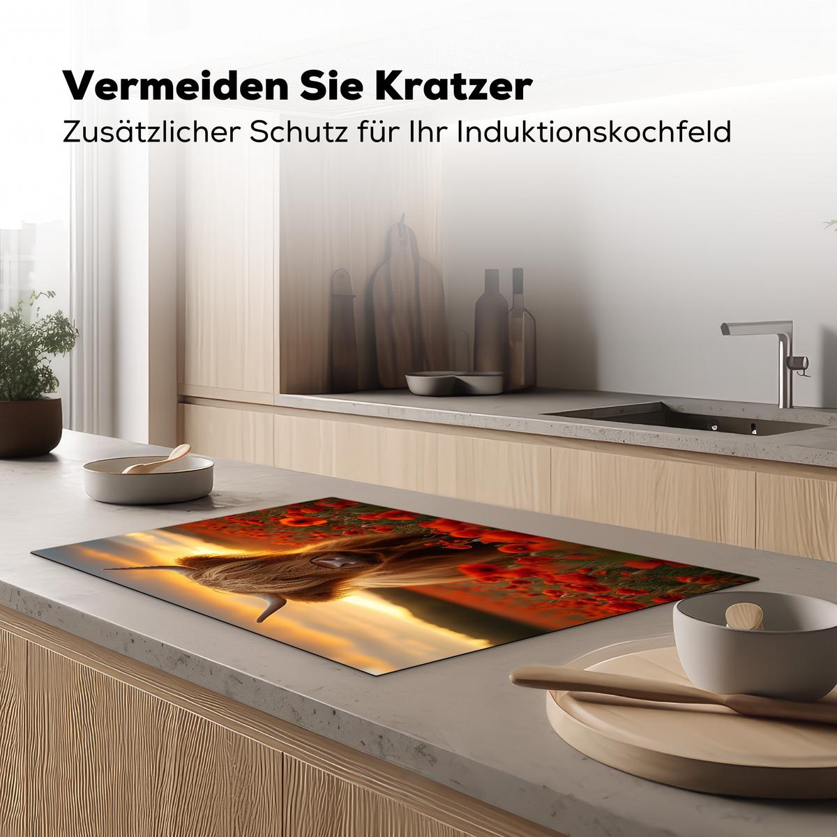 HERDABDECKPLATTE Schottische Highlander - Rosen - Blumenfeld - Sonnenuntergang Induktionsschutz 81.6x52.7 cm - Rotbraun, Kunststoff (81.6/52.7/0.2cm) - MuchoWow