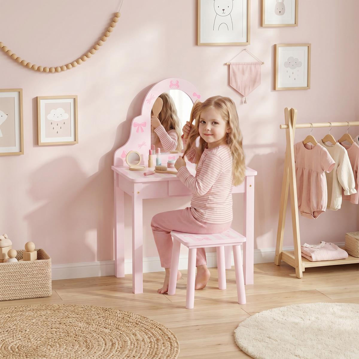 KINDER-SCHMINKTISCH-SET MDF Acryl Rosa - Rosa/Weiß, Holz/Holzwerkstoff (34/82/55cm) - AIYAPLAY