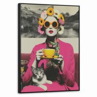 LEINWAND Bilder mit Rahmen - Frau - Katze - Blumen - Tasse - Retro - 60x80 - Magenta, Textil (60/80cm) - MuchoWow