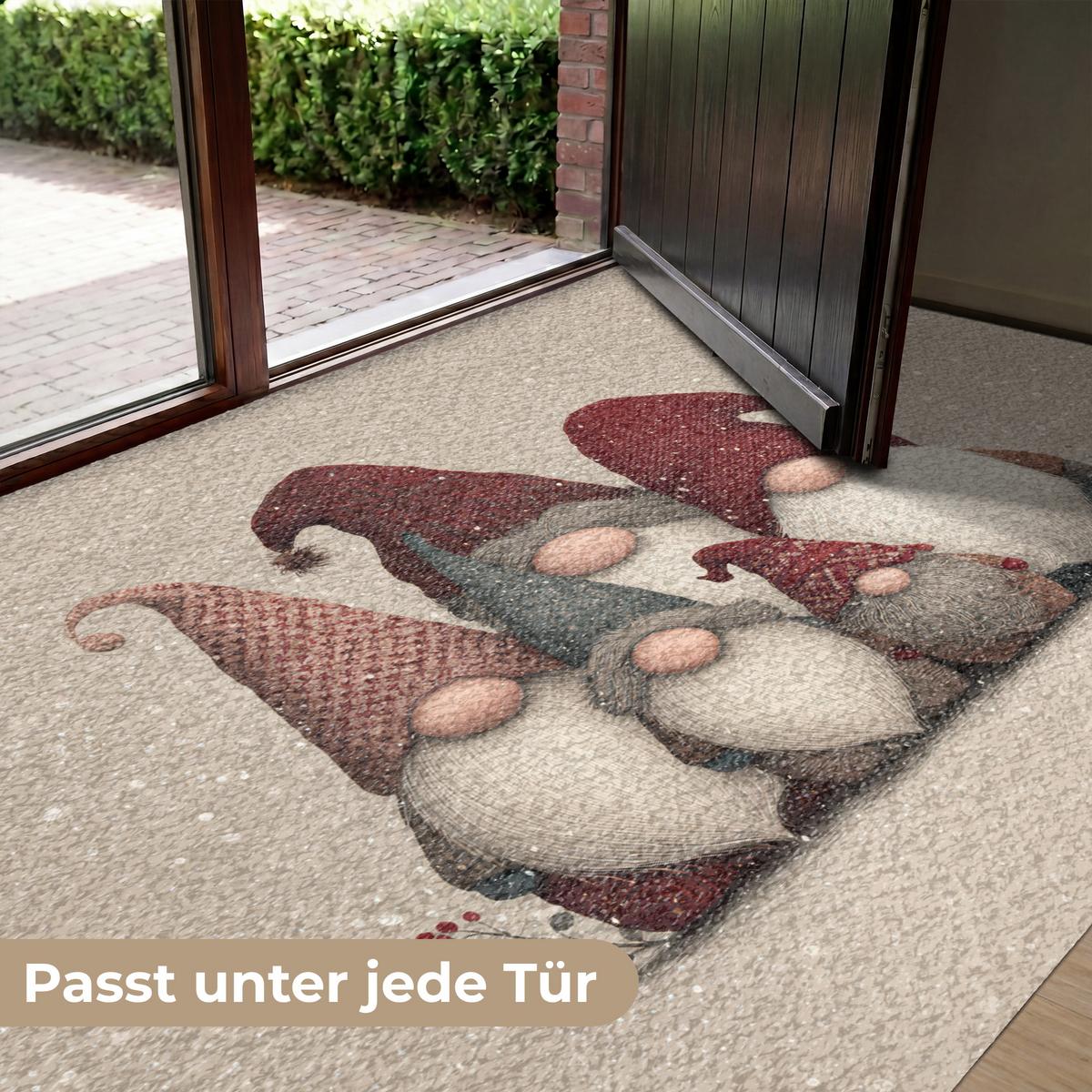 FUSSMATTE Wichtel - Weihnachten - Schnee - Zipfelmützen Türmatte 180x120 cm - Beige, Kunststoff (180/0.4cm) - MuchoWow
