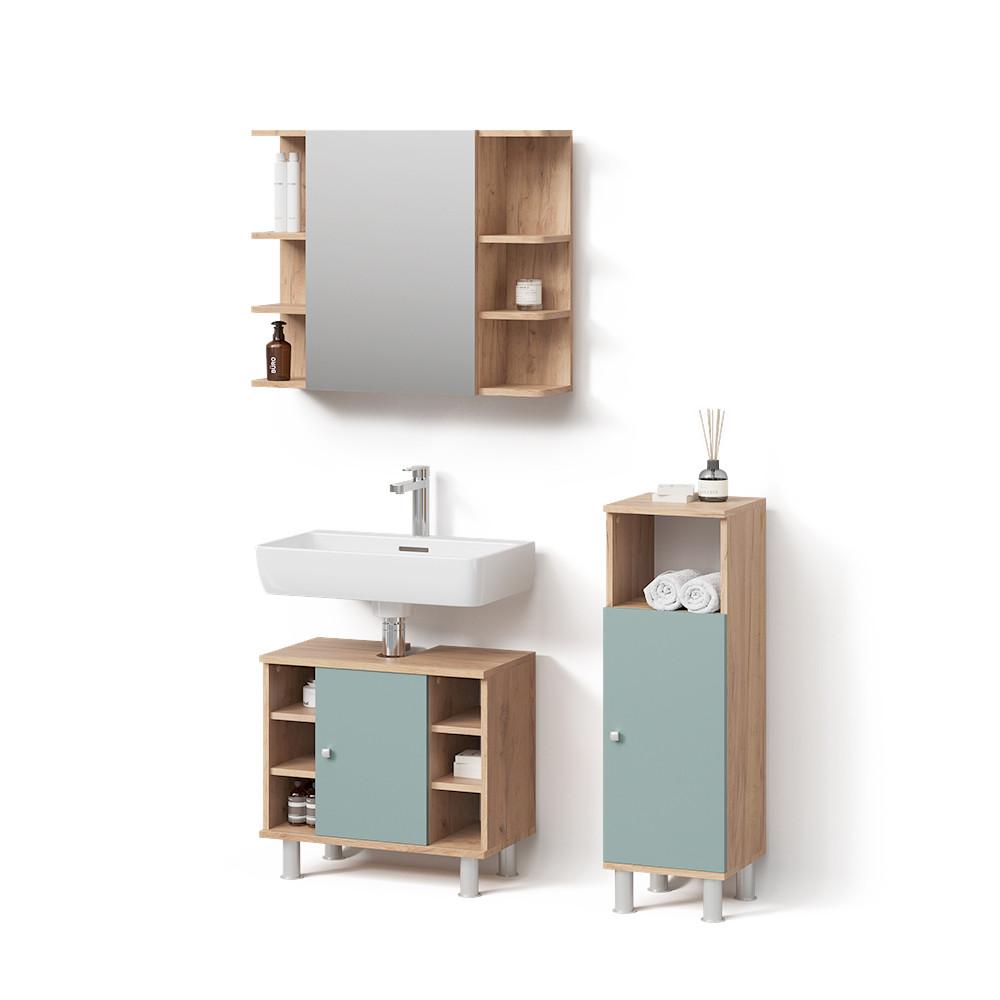 BADMÖBEL-SET Fucino Grün 3 Teile, mit Midischrank - Grün, Holzwerkstoff (60/54/32cm) - Livinity®