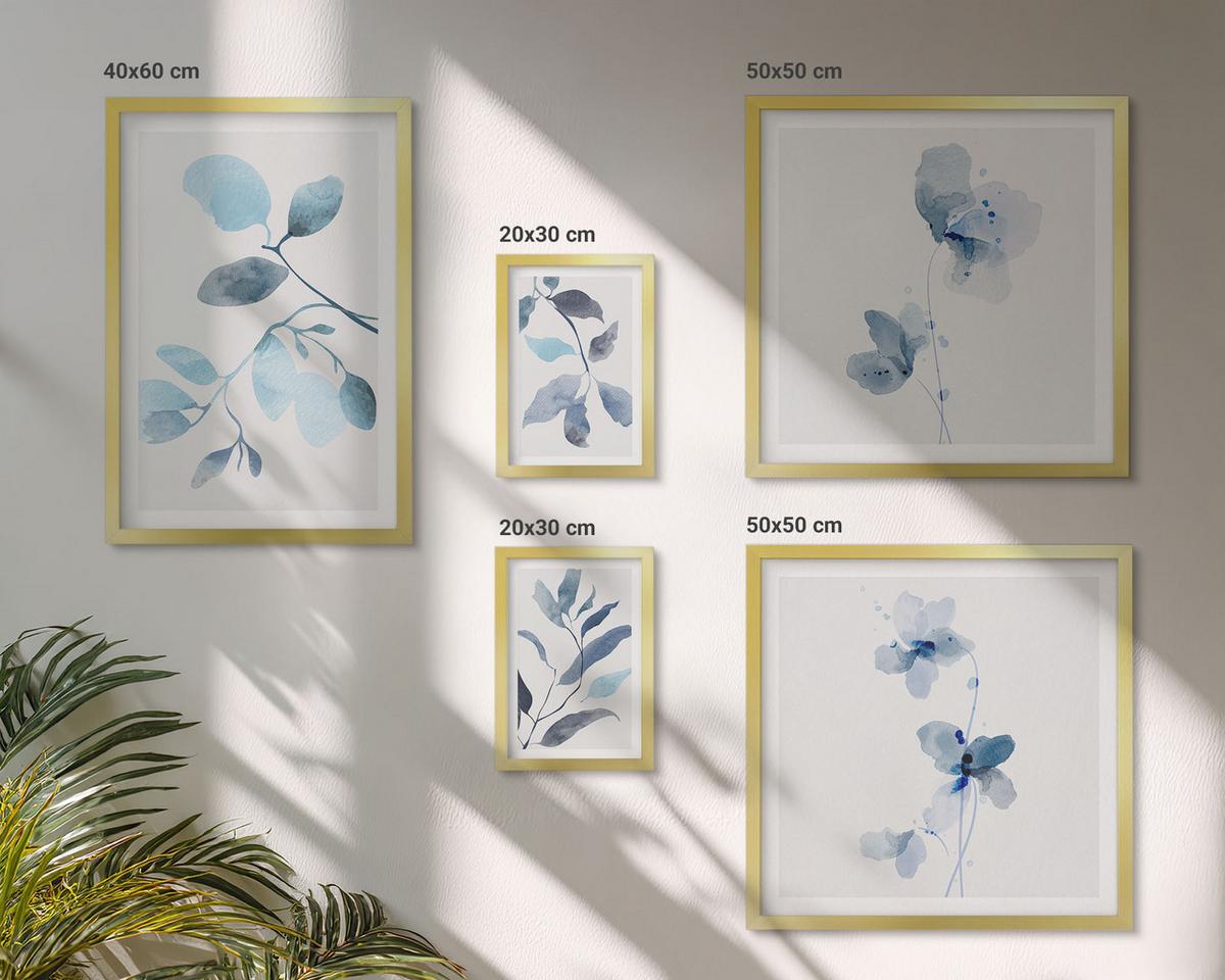 BILDER SET 5er Set - 50x50 cm & 20x30 cm & 40x60 cm Goldrahmen - Aquarell von blauen Blättern - Goldfarben, Kunststoff (40/60cm) - TULUP