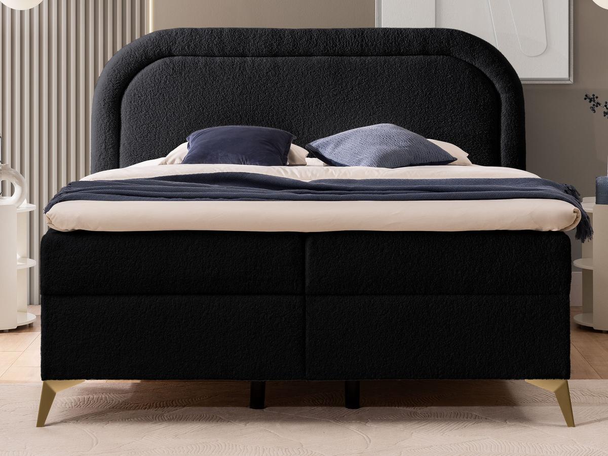 BOXBETT Sonna 160/200 cm Schwarz Bouclé-Stoff mit abgerundetem Kopfteil und mit goldenen Metallfüßen - Goldfarben/Schwarz, Holz/Textil (160/200cm) - S-Style Möbel